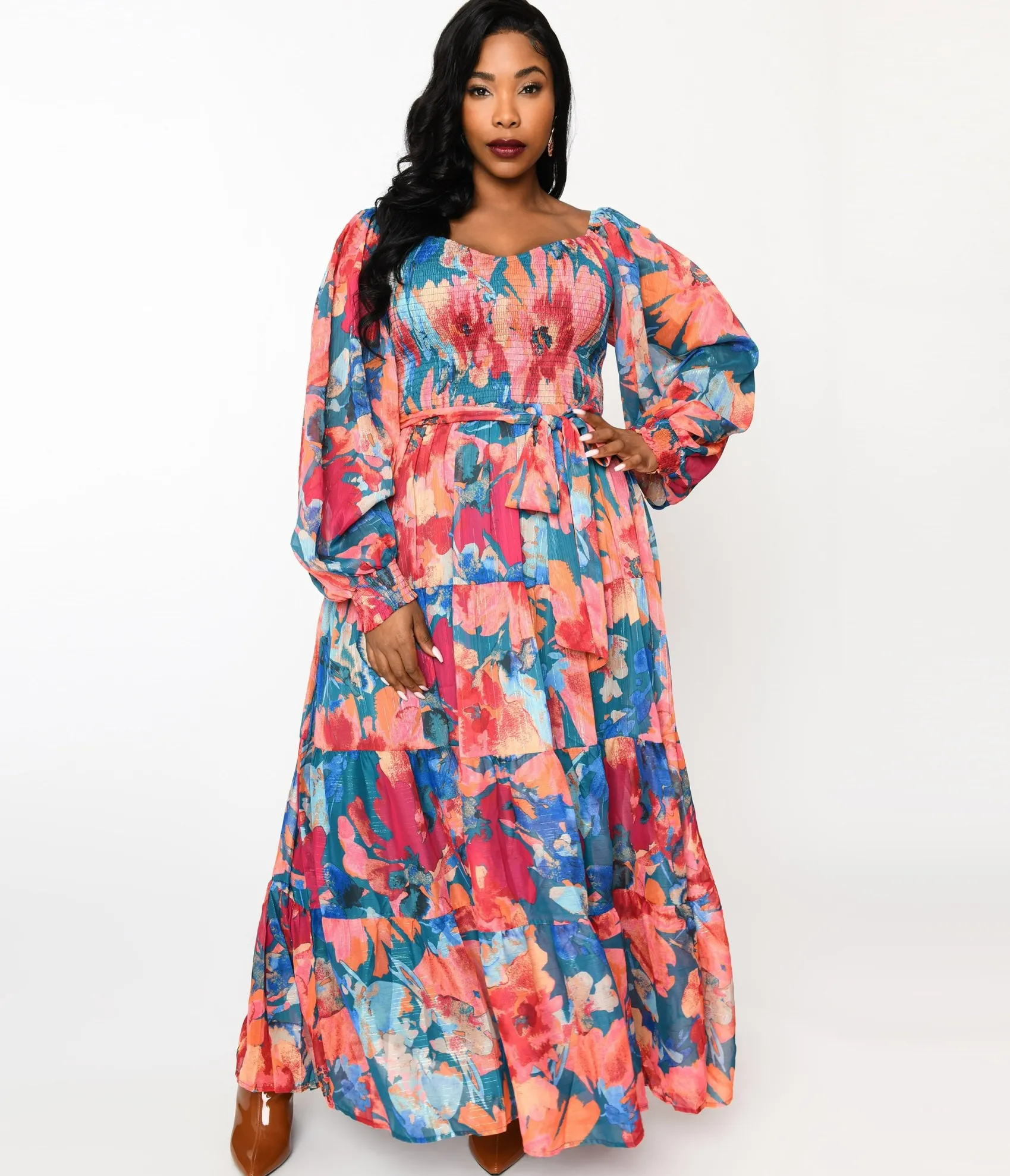 Unique Vintage 1970s Teal & Coral Floral Maxi Dress Cheap