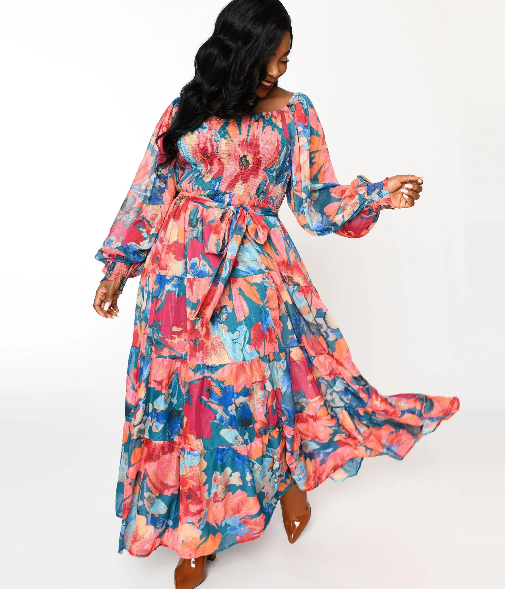 Unique Vintage 1970s Teal & Coral Floral Maxi Dress Cheap