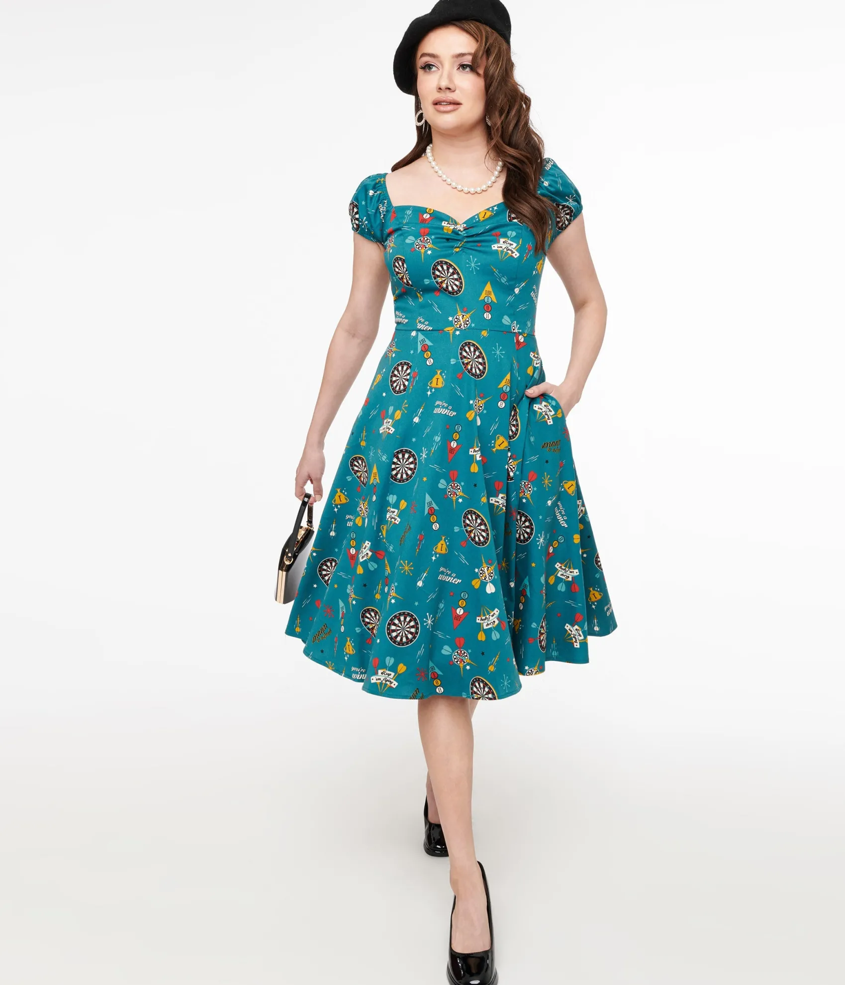 Unique Vintage 1950s Teal Dart Board Keep Em Flying Cotton Swing Dress Clearance