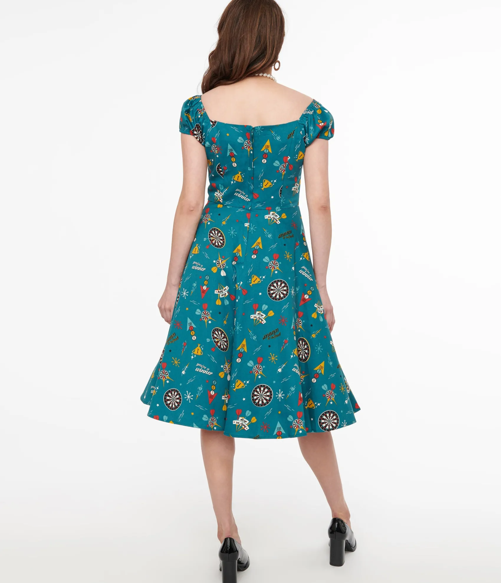Unique Vintage 1950s Teal Dart Board Keep Em Flying Cotton Swing Dress Clearance