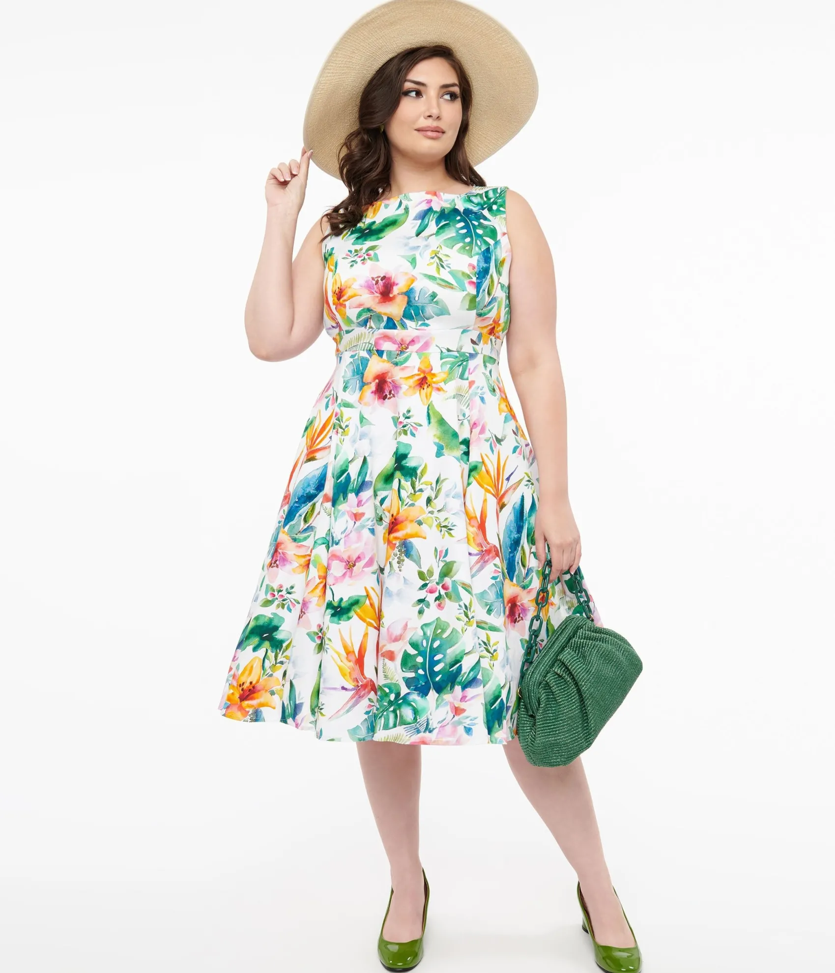 Unique Vintage 1950s White & Orange Floral Cotton Vera Swing Dress Flash Sale