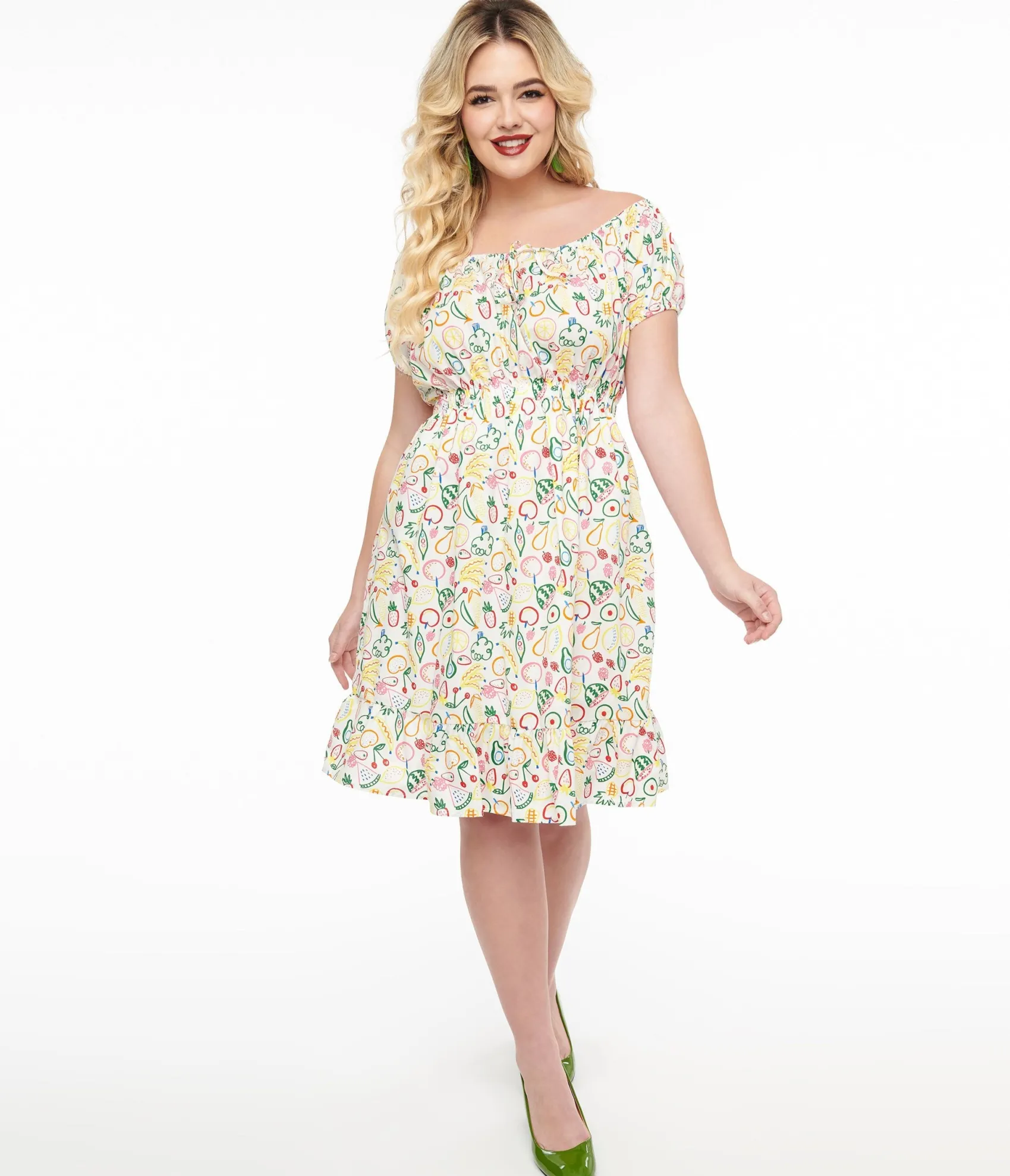 Unique Vintage 1950s White & Rainbow Fruit Print Fit & Flare Dress Online