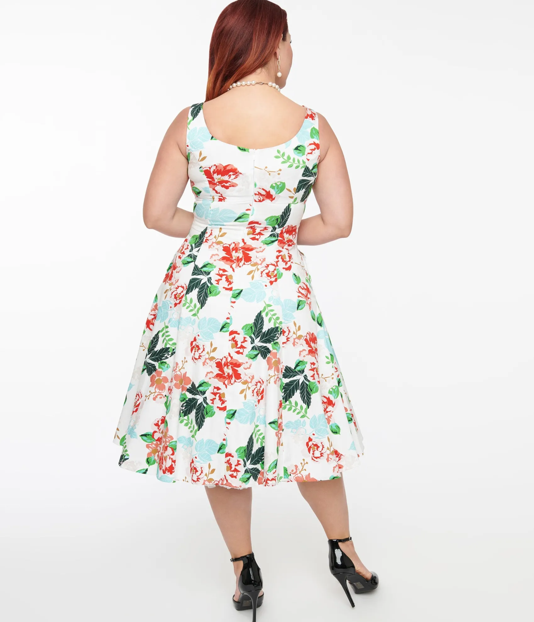 Unique Vintage 1950s White & Red Floral Lyla Swing Dress Shop