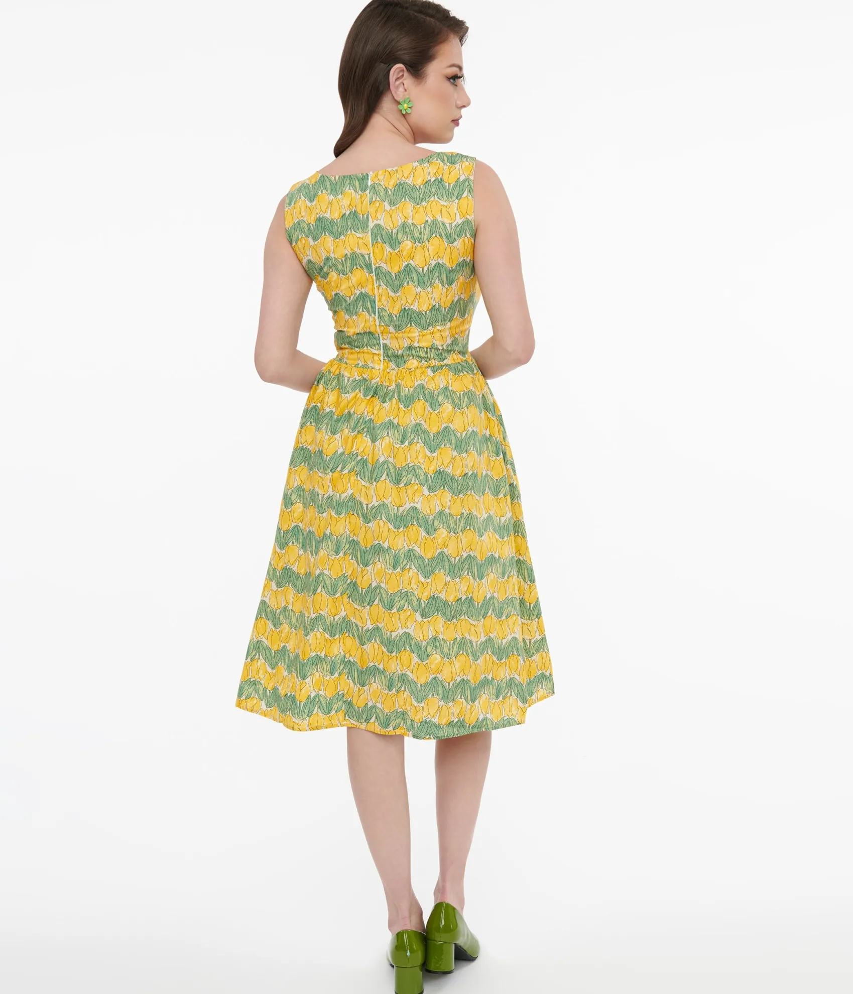 Unique Vintage 1950s Yellow Tulip Fit & Flare Dress Hot