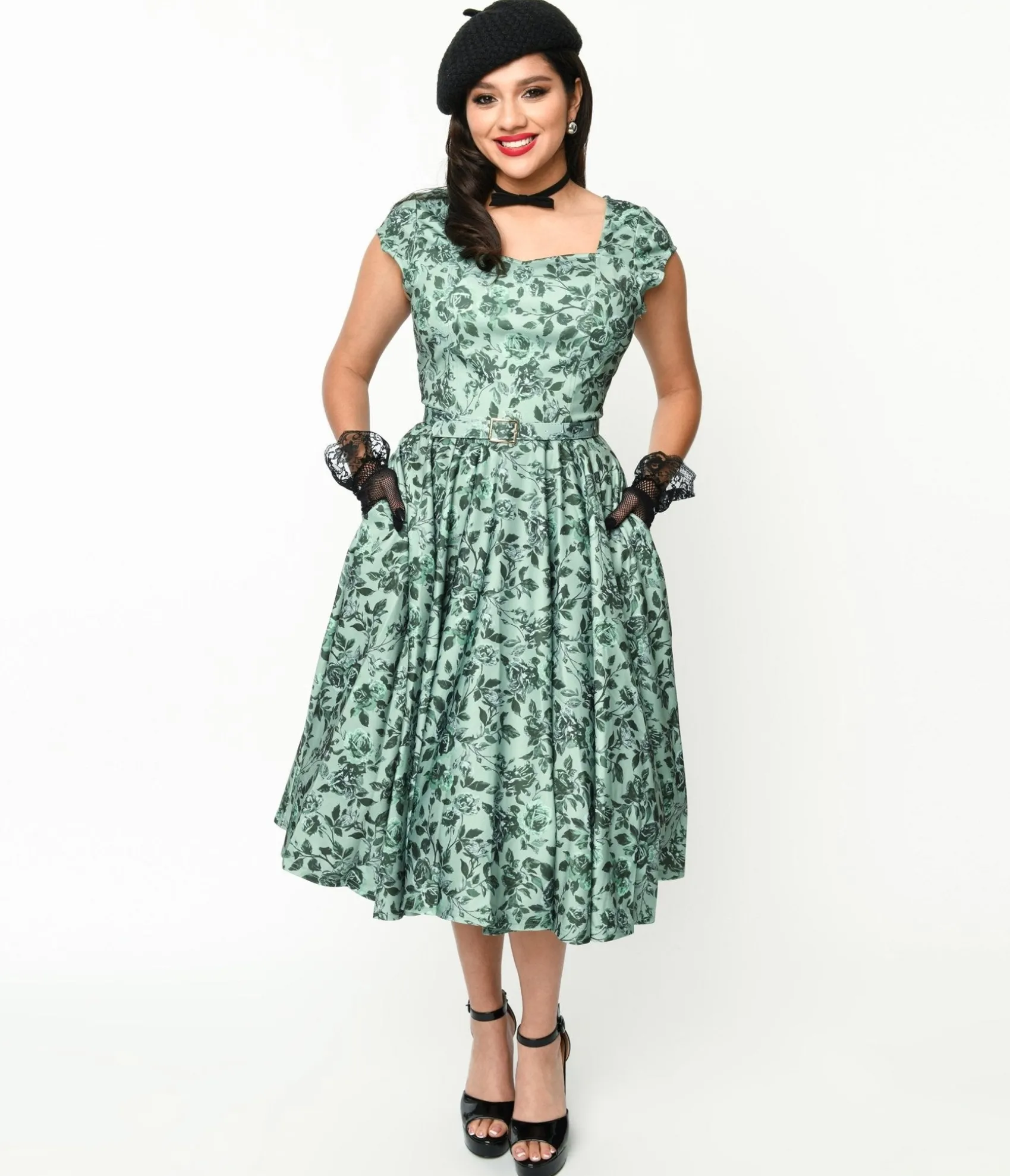 Unique Vintage Sage Green & Green Floral Cosmopolitan Swing Dress Outlet