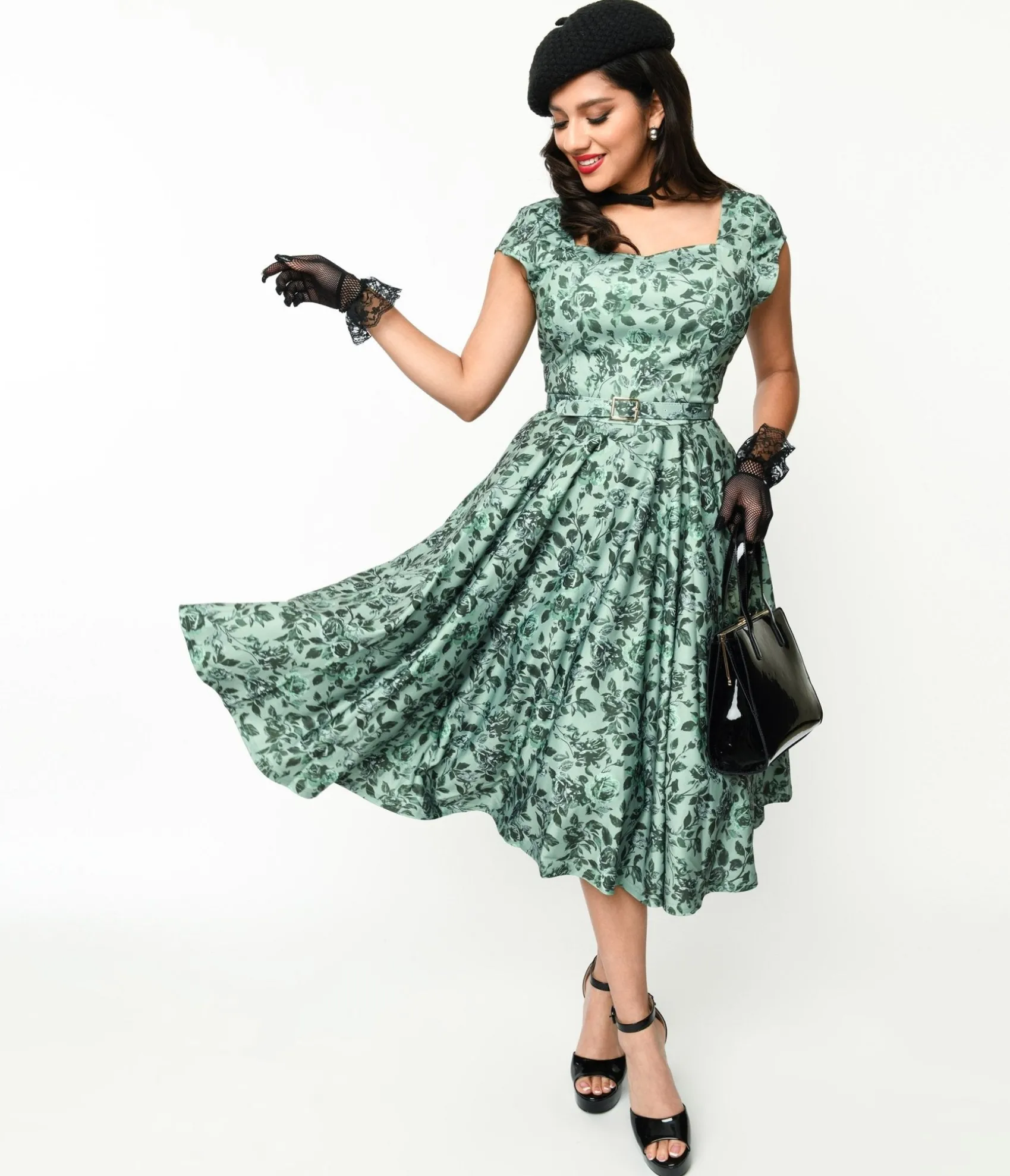 Unique Vintage Sage Green & Green Floral Cosmopolitan Swing Dress Outlet