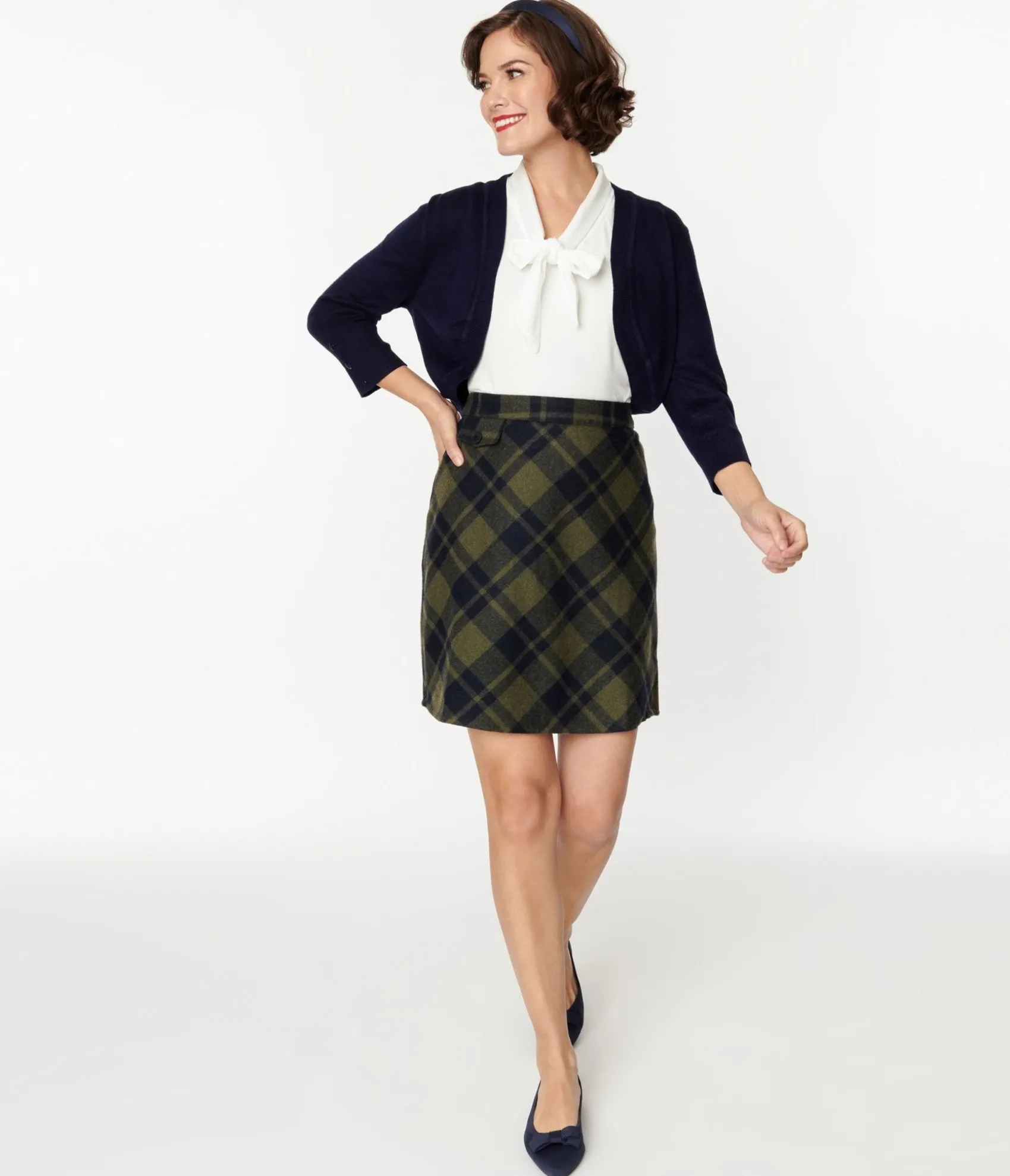 Unique Vintage Sage Green & Navy Plaid Mini Skirt Sale