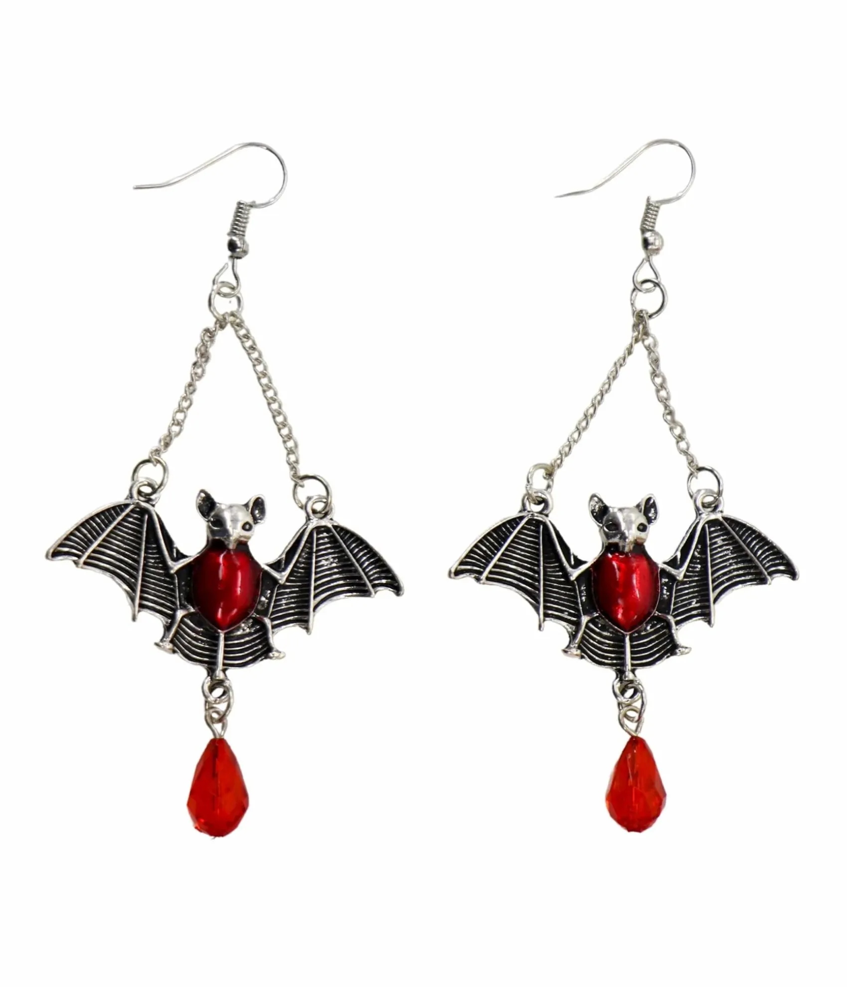 Unique Vintage Silver & Red Gem Bat Dangle Earrings Sale