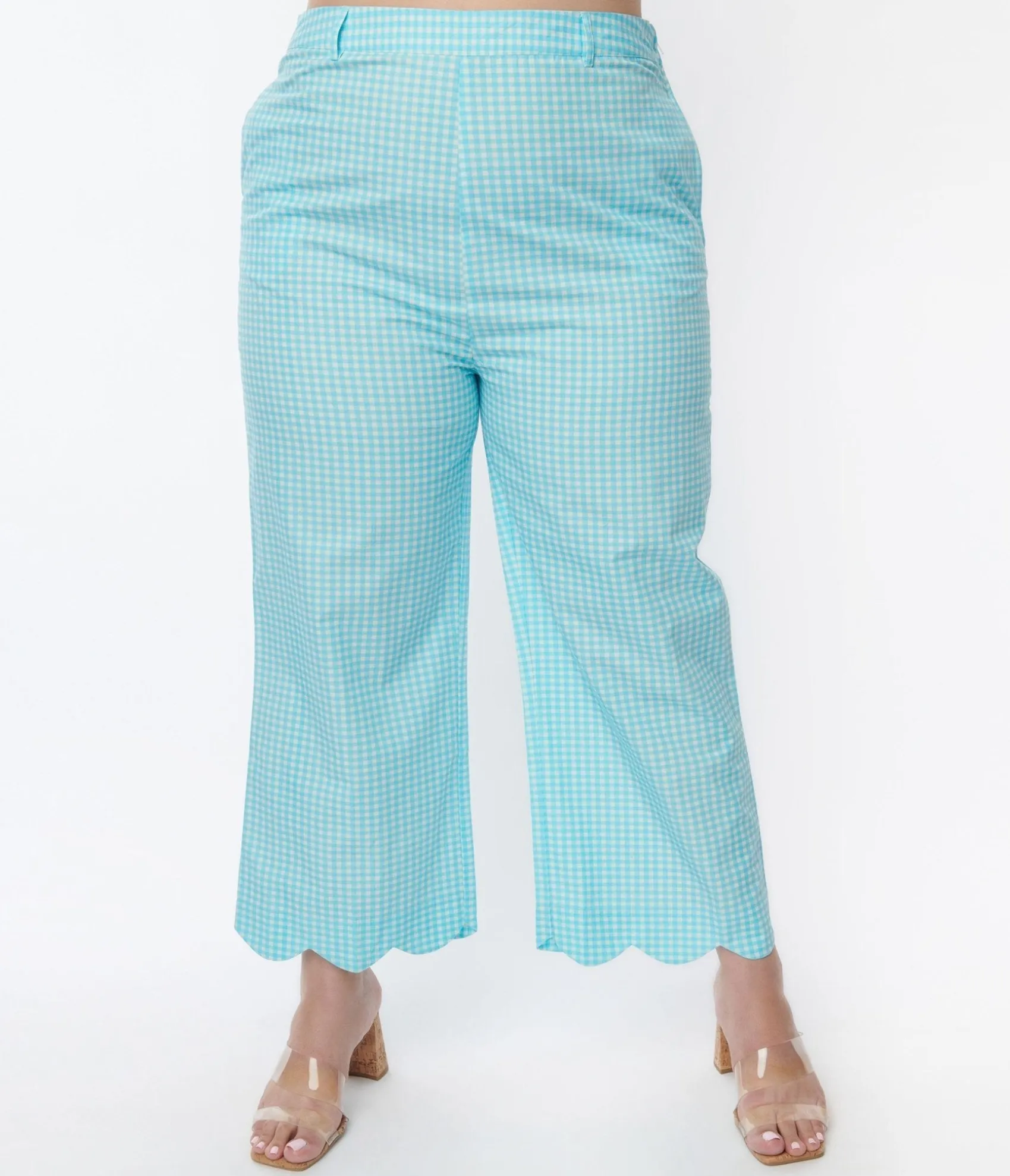 Unique Vintage Sky Blue Gingham Scalloped Top & Pants Set Cheap