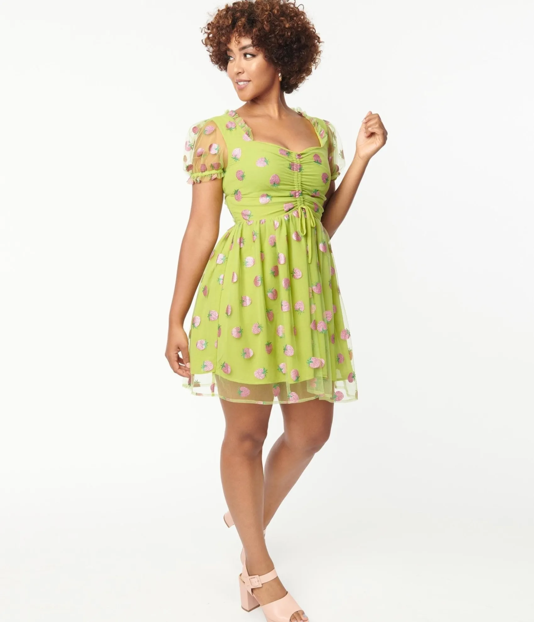 Unique Vintage Smak Parlour Avocado & Pink Strawberry Print Woodstock Flare Dress Store