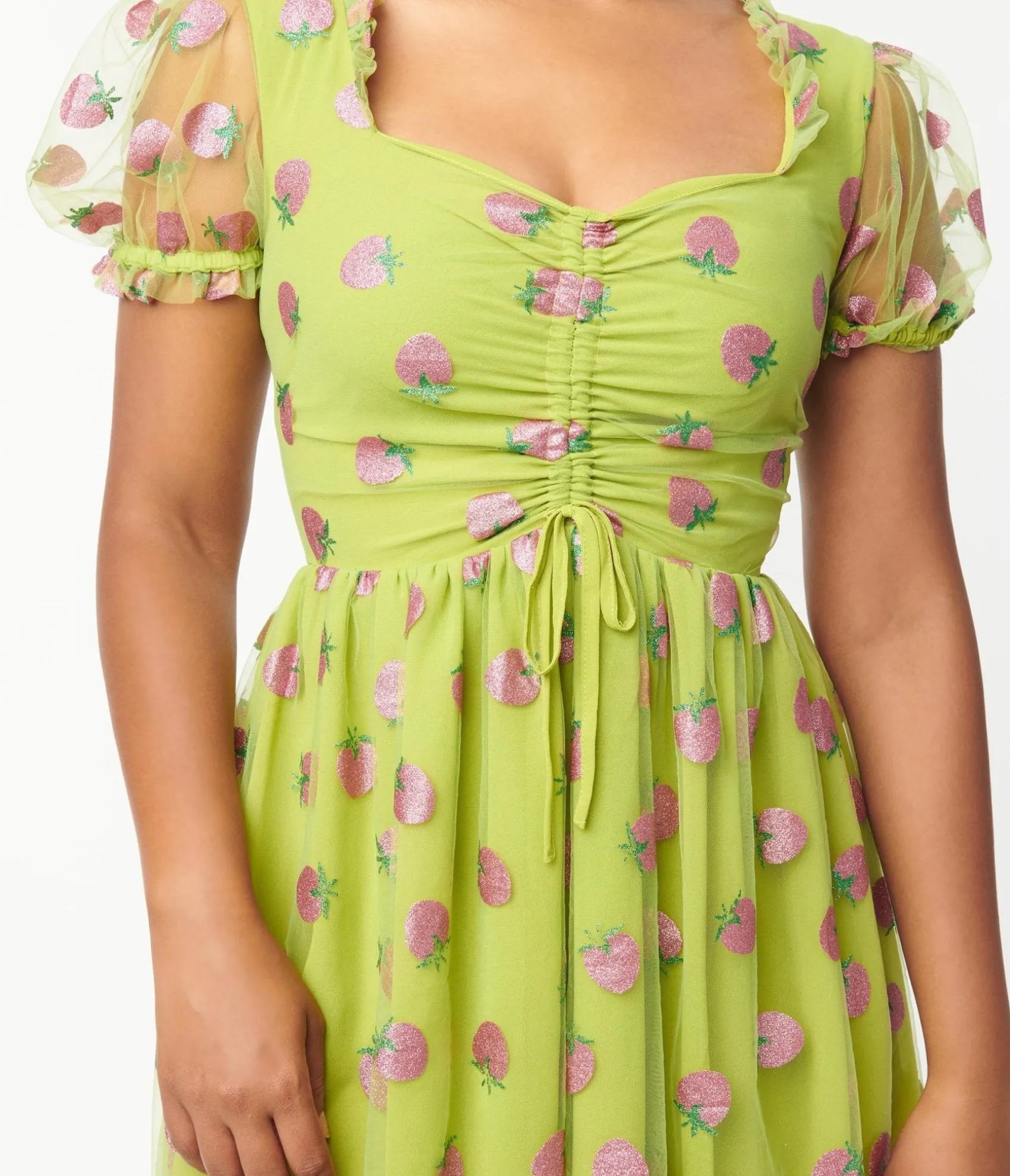 Unique Vintage Smak Parlour Avocado & Pink Strawberry Print Woodstock Flare Dress Store