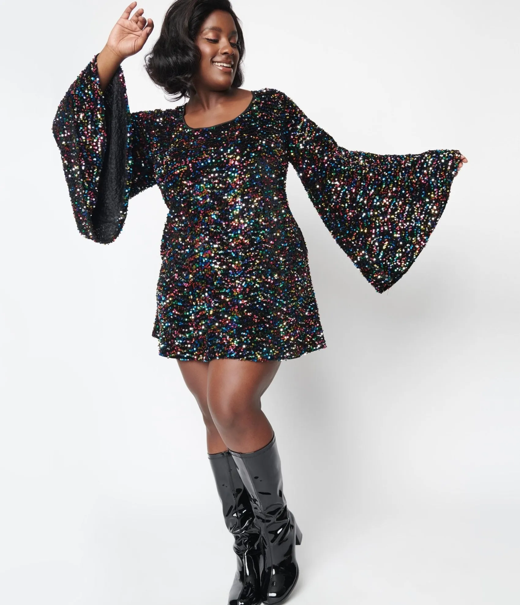 Unique Vintage Smak Parlour Black & Rainbow Sequin Downtown Scene Mini Dress Clearance