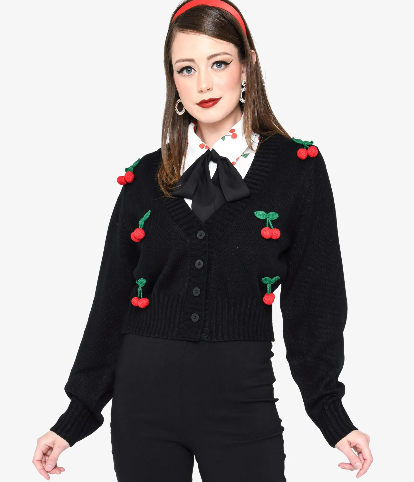 Unique Vintage Smak Parlour Black Cherries Cropped Knit Cardigan Flash Sale