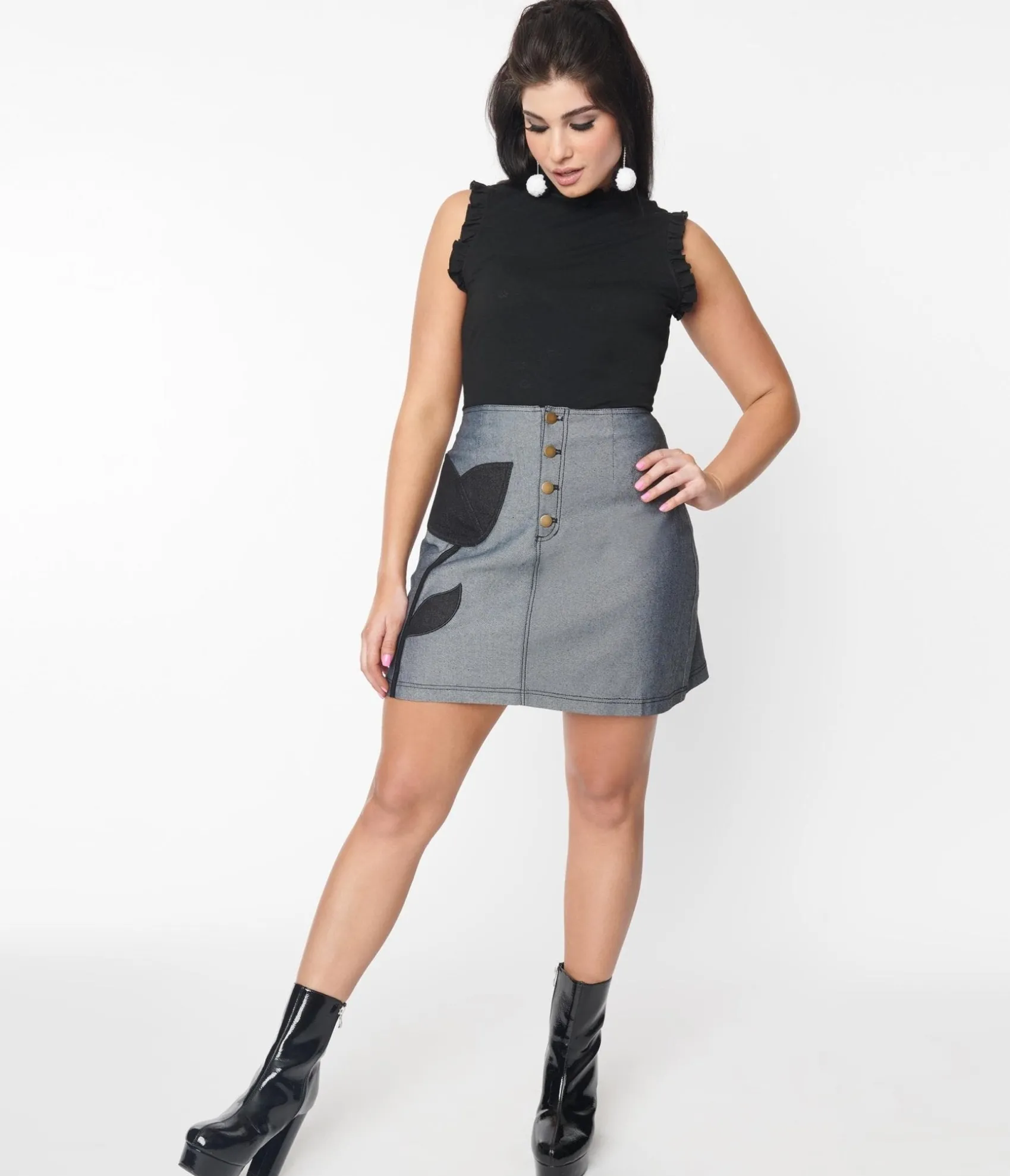 Unique Vintage Smak Parlour Black Denim Tulip Mini Skirt Cheap