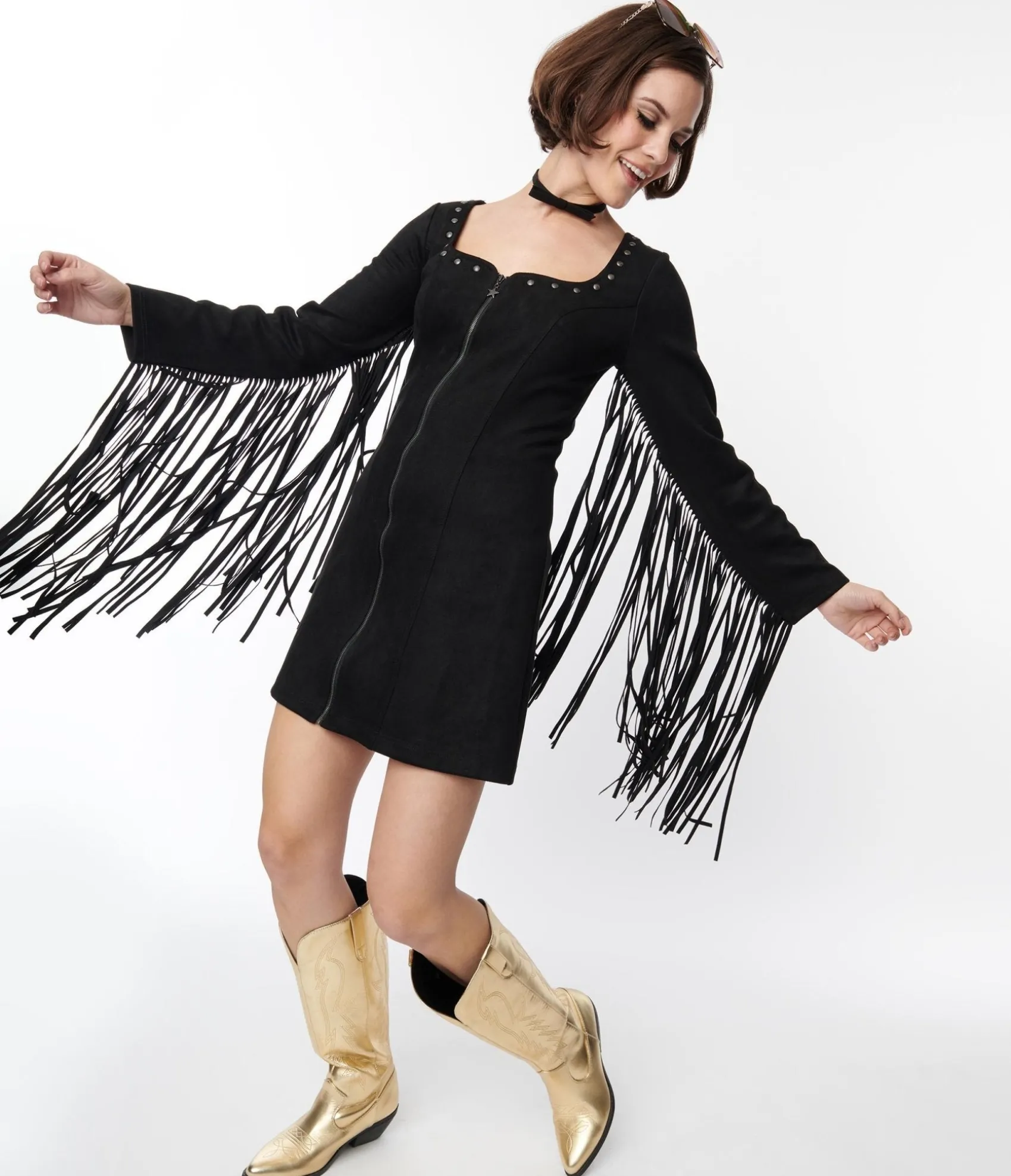 Unique Vintage Smak Parlour Black Suede Shift Fringe Dress Fashion