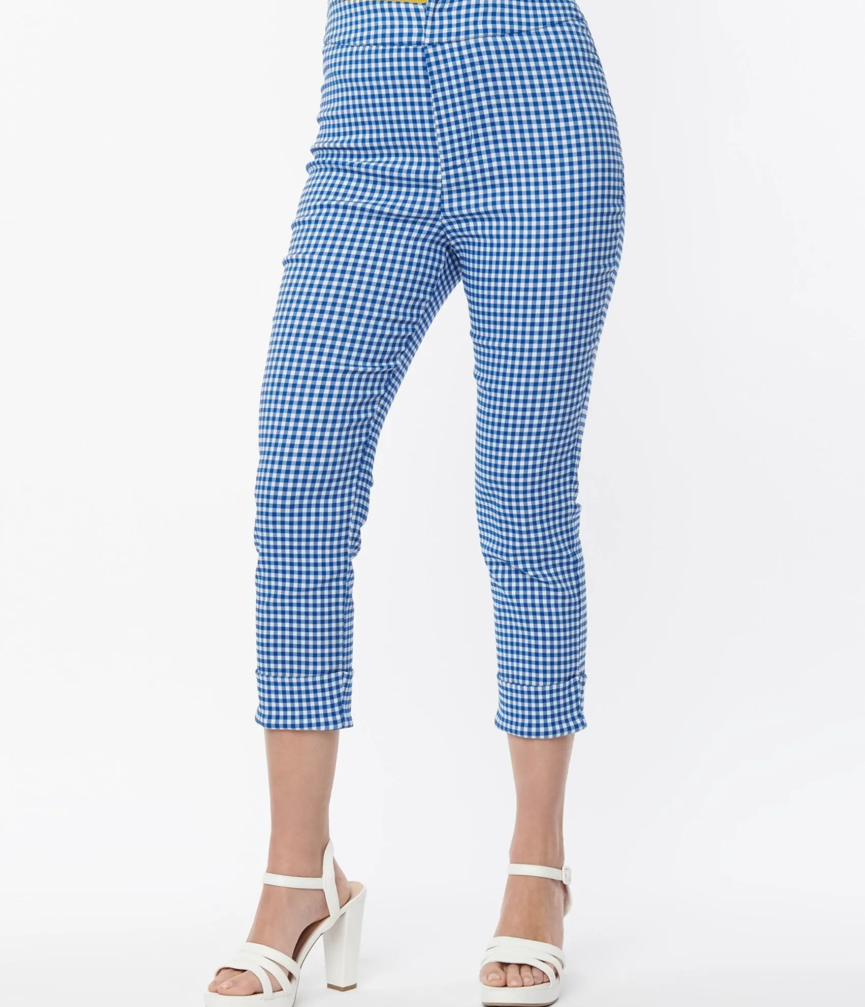 Unique Vintage Smak Parlour Blue Gingham Tulip Pocket Smarty Pants Capri Discount