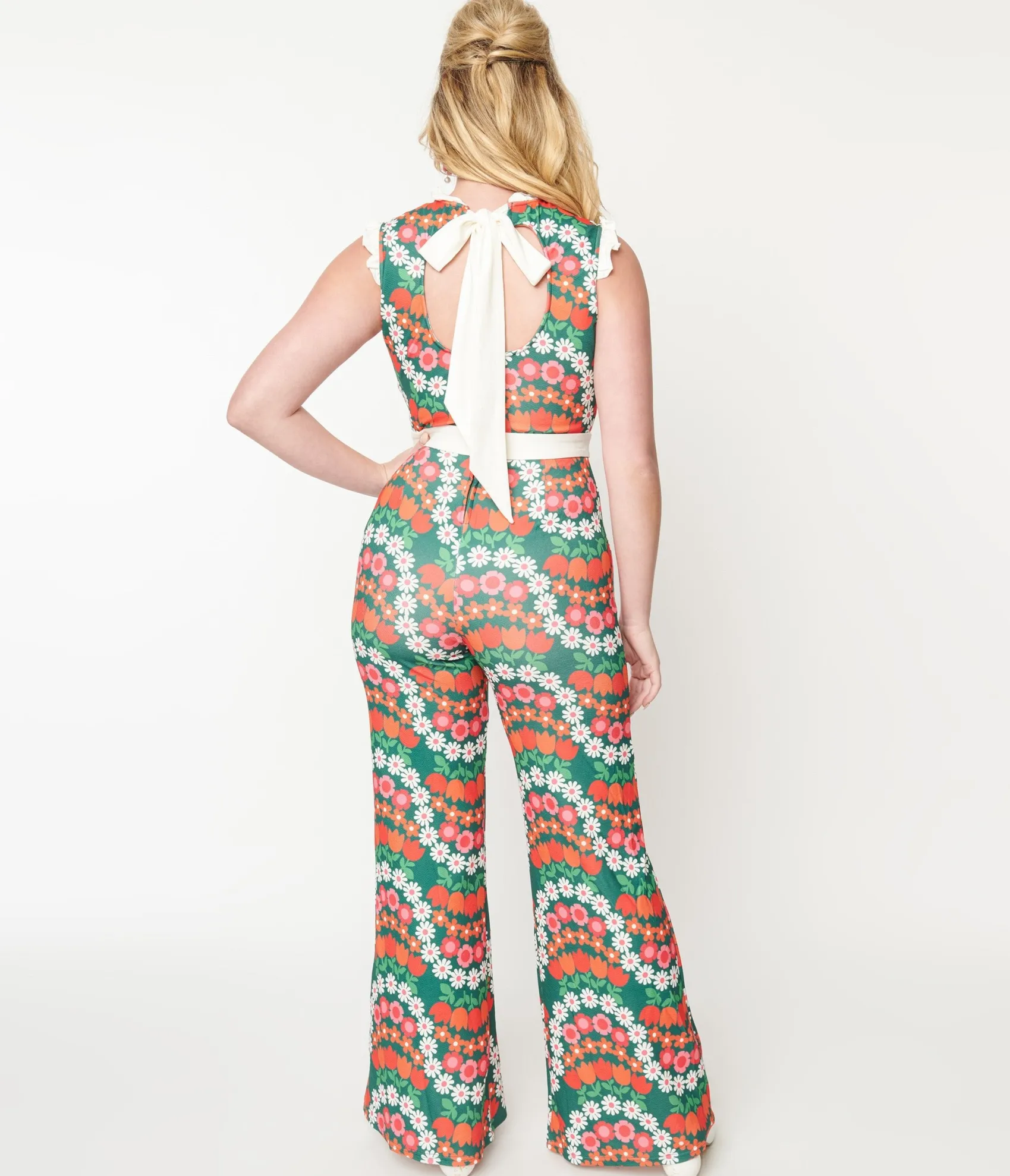 Unique Vintage Smak Parlour Green & Red Daisy Chain Back Bow Jumpsuit Shop