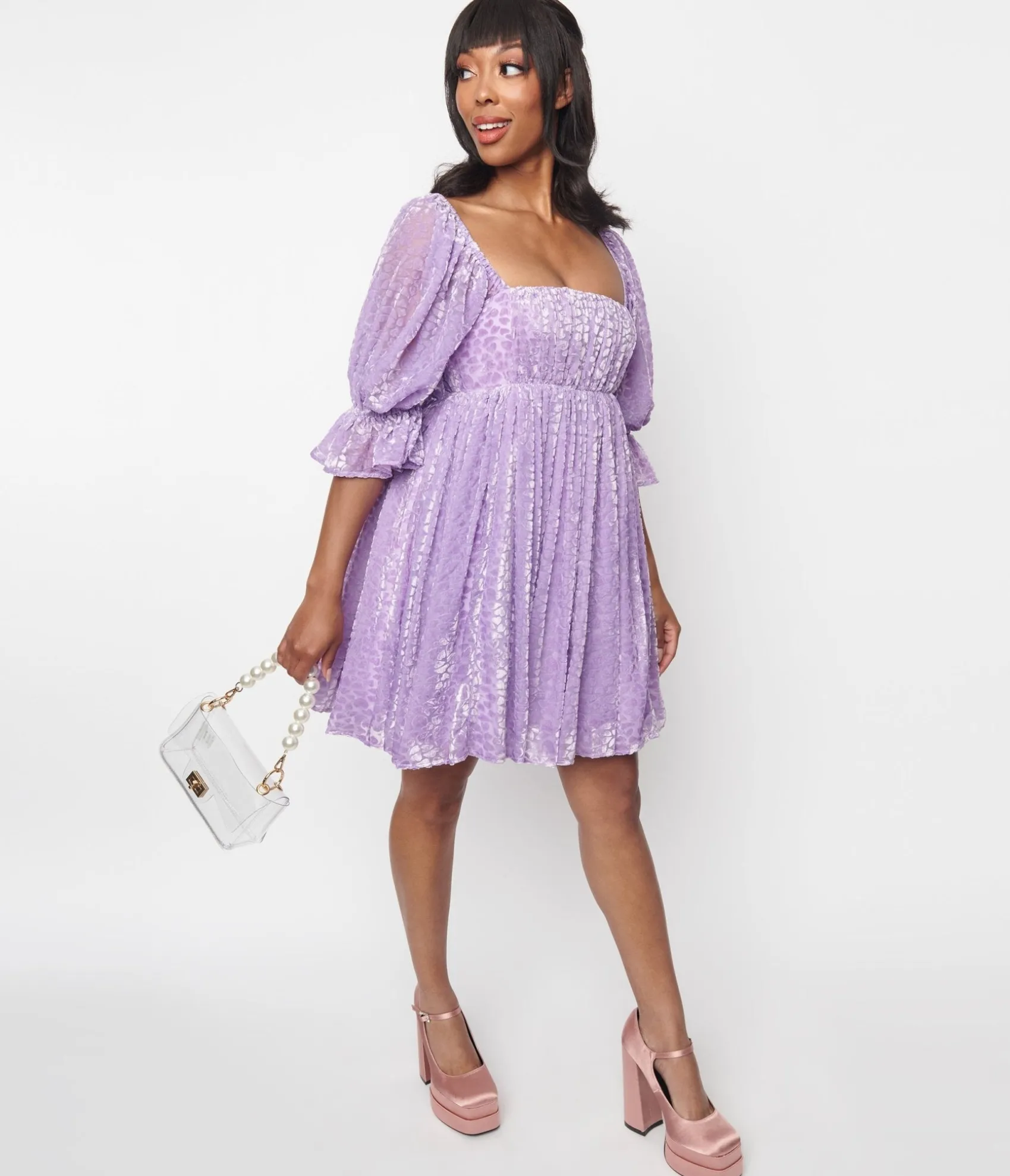 Unique Vintage Smak Parlour Lavender Heart Velvet Love Interest Babydoll Dress Discount