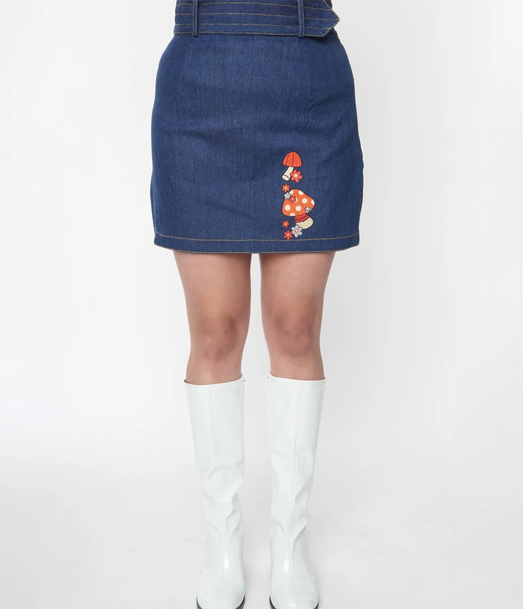 Unique Vintage Smak Parlour Mushroom Embroidered Denim Belted Mini Skirt Best