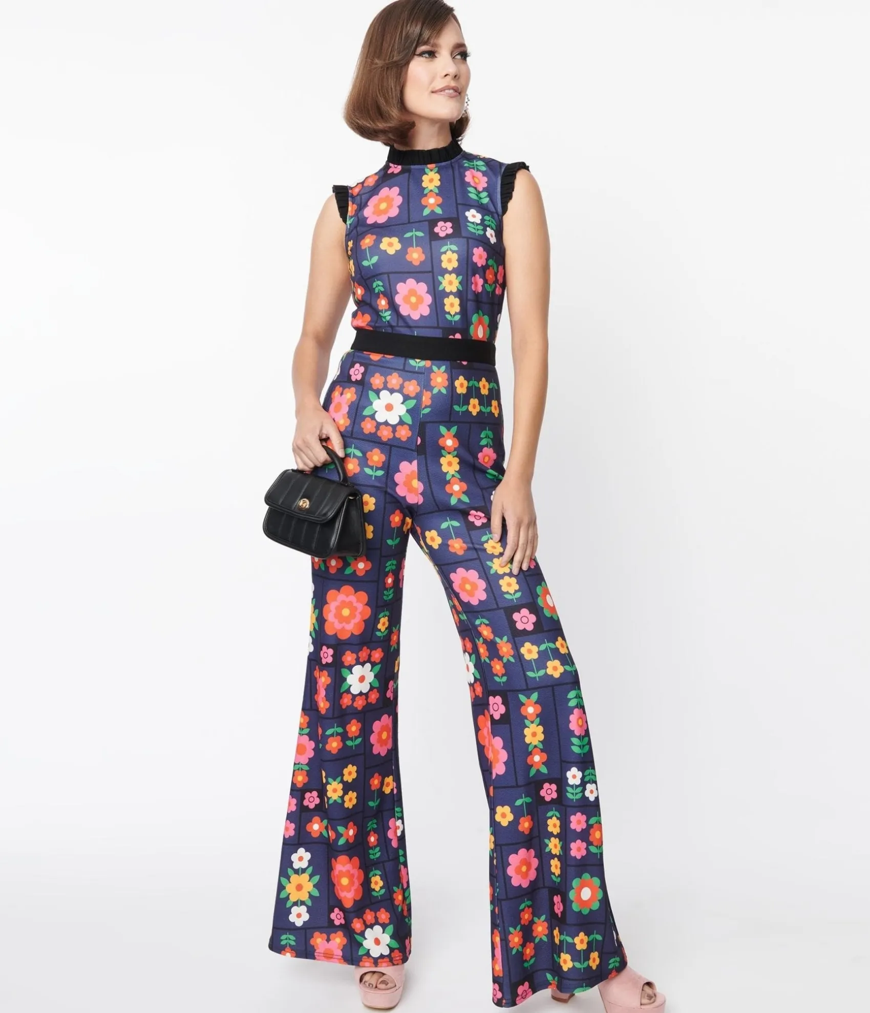 Unique Vintage Smak Parlour Navy & Floral Wallpaper Back Bow Jumpsuit Best