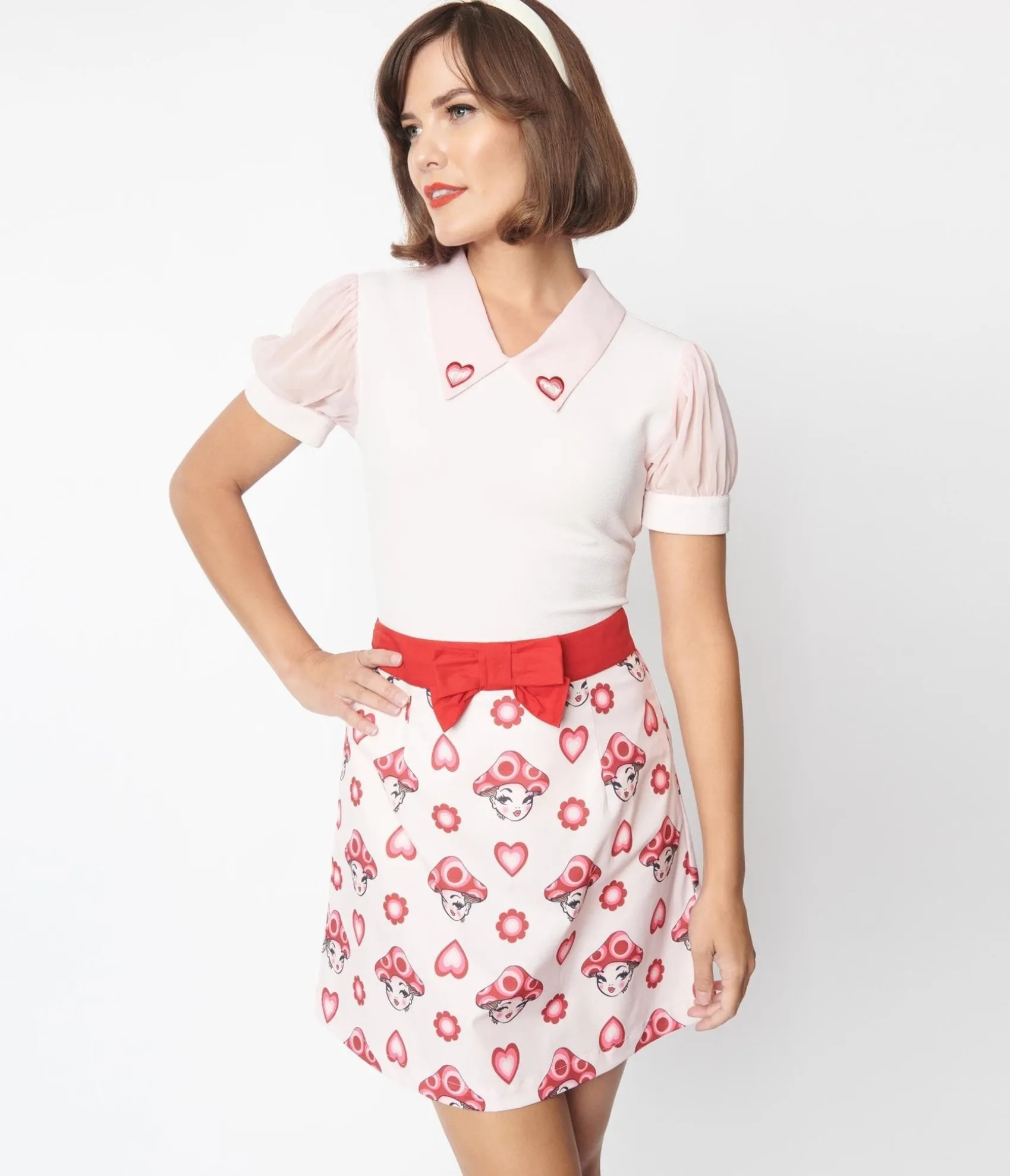 Unique Vintage Smak Parlour Pink & Red Madam Mushroom Mod Skirt Cheap