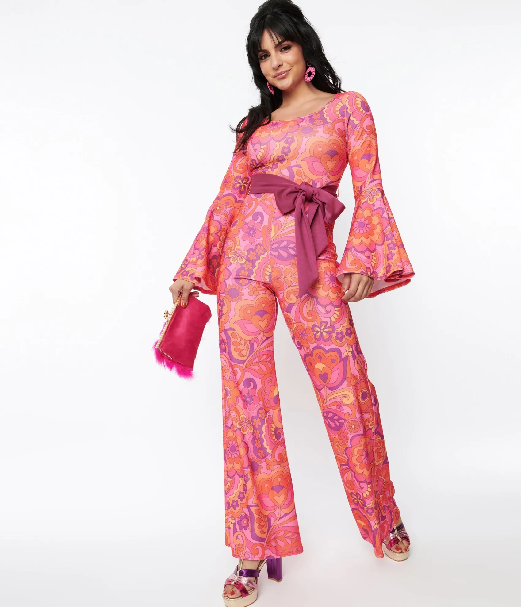 Unique Vintage Smak Parlour Pink Mod Floral Bell Sleeve Jumpsuit Best