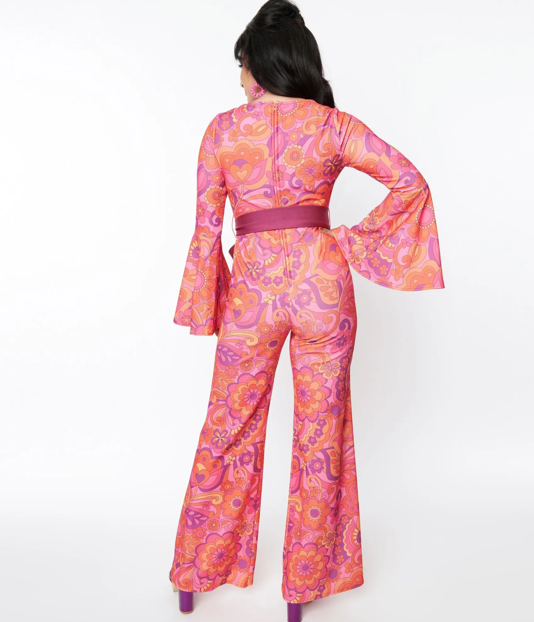 Unique Vintage Smak Parlour Pink Mod Floral Bell Sleeve Jumpsuit Best