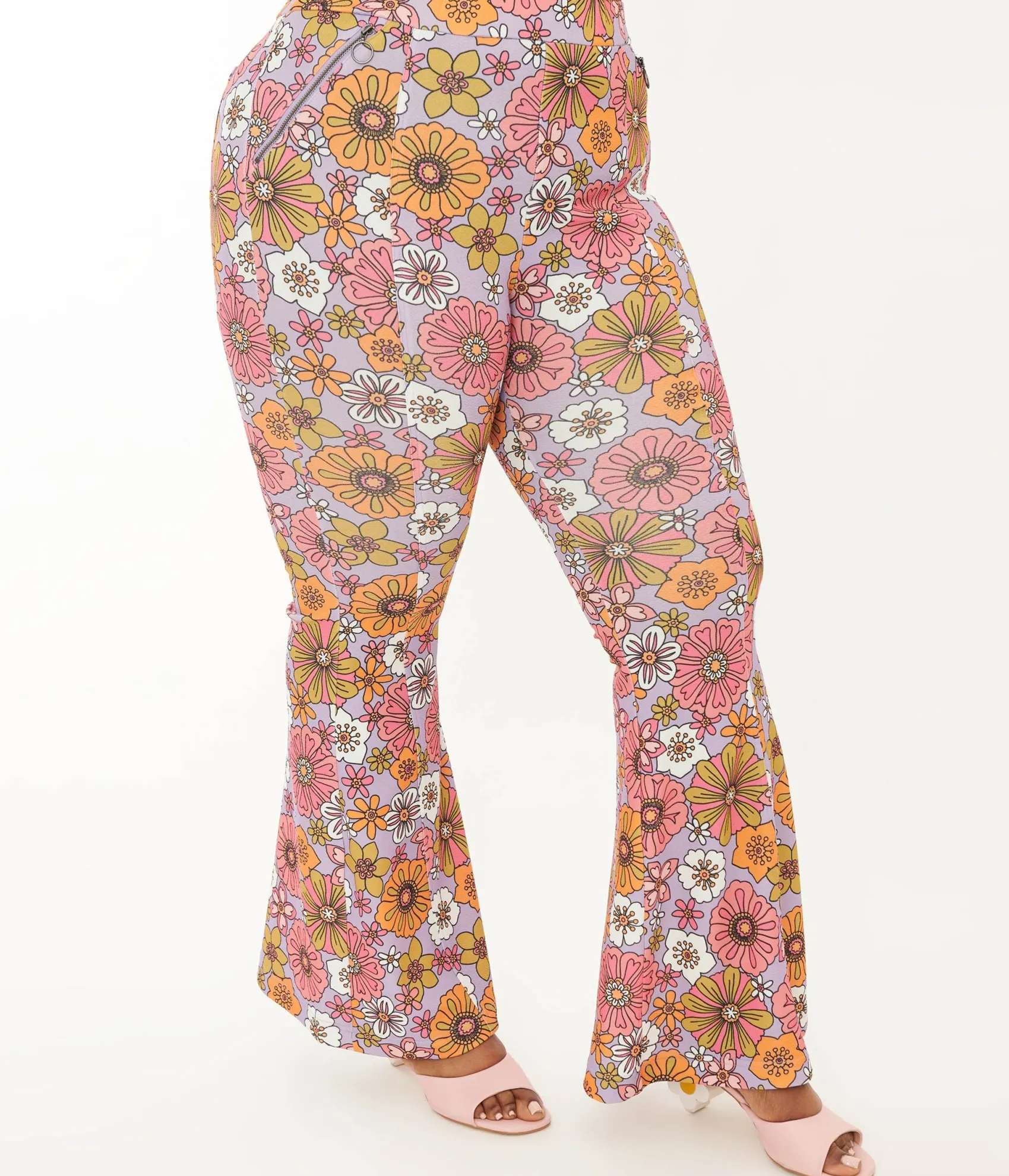 Unique Vintage Smak Parlour Plus Lavender Retro Bloom Zipper Pocket Flare Pants New