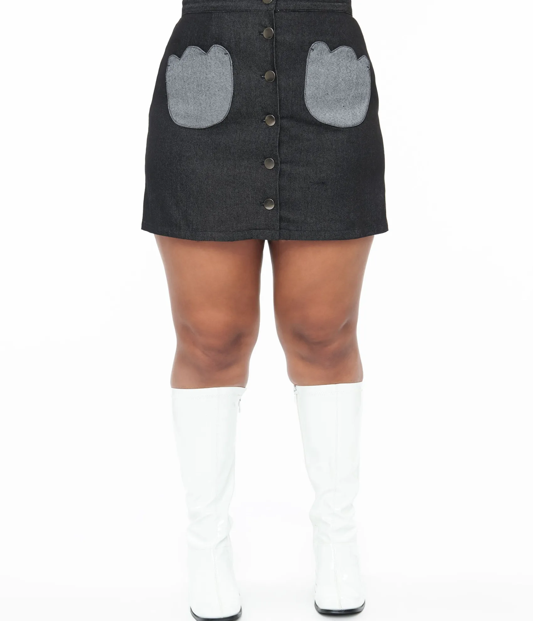 Unique Vintage Smak Parlour Plus Size Black Denim Tulip Patch Pocket Skirt Discount