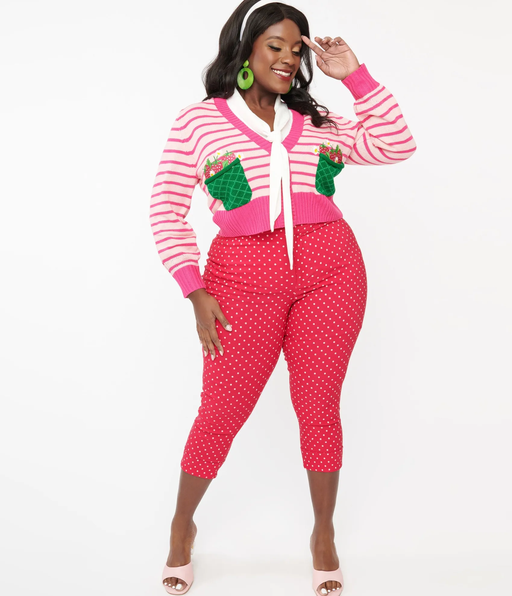 Unique Vintage Smak Parlour Plus Size Hot Pink Pin Dot Daisy Pocket Smarty Pants Capri Best Sale