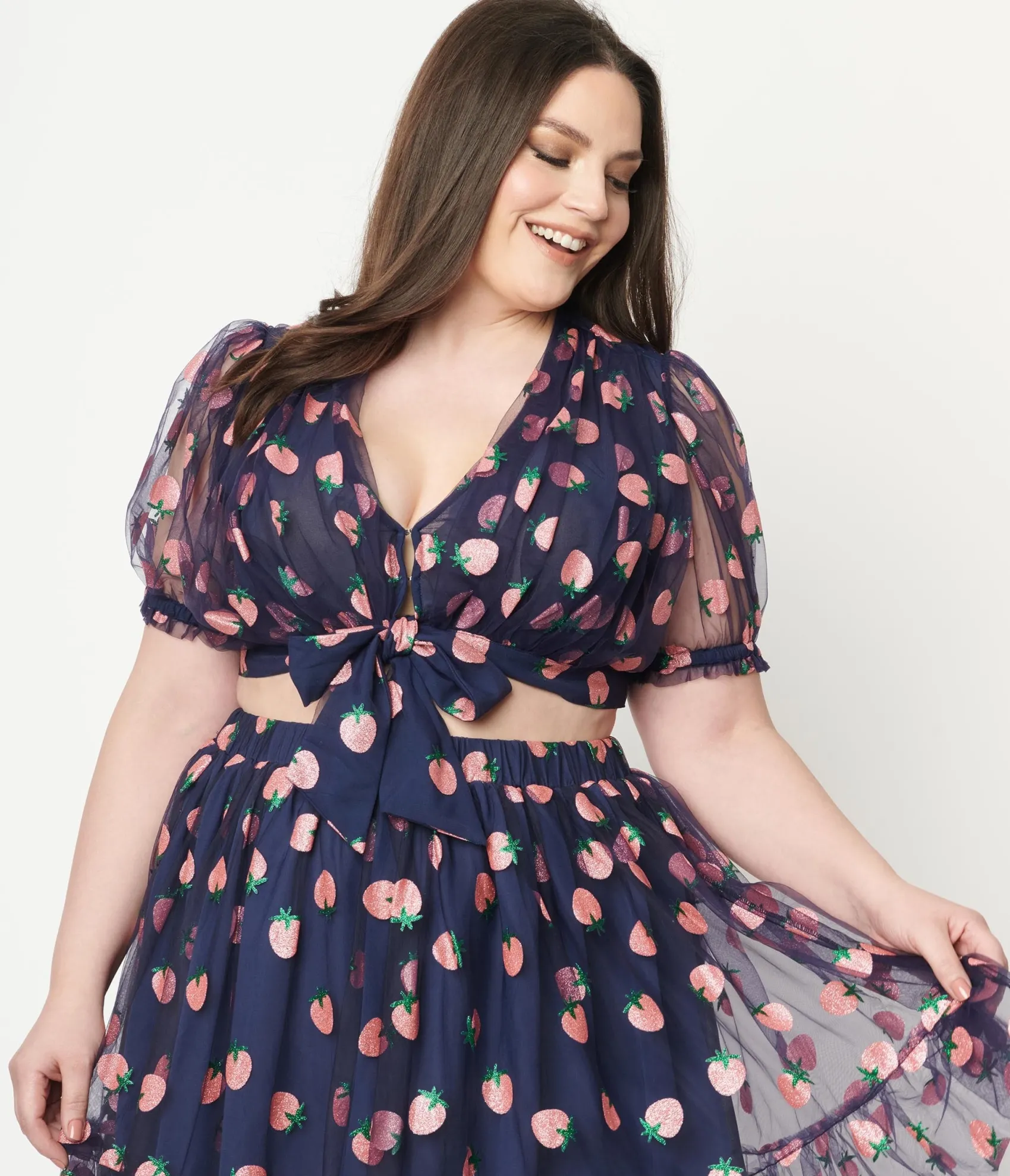 Unique Vintage Smak Parlour Plus Size Navy & Pink Strawberry Roller Queen Crop Blouse Sale