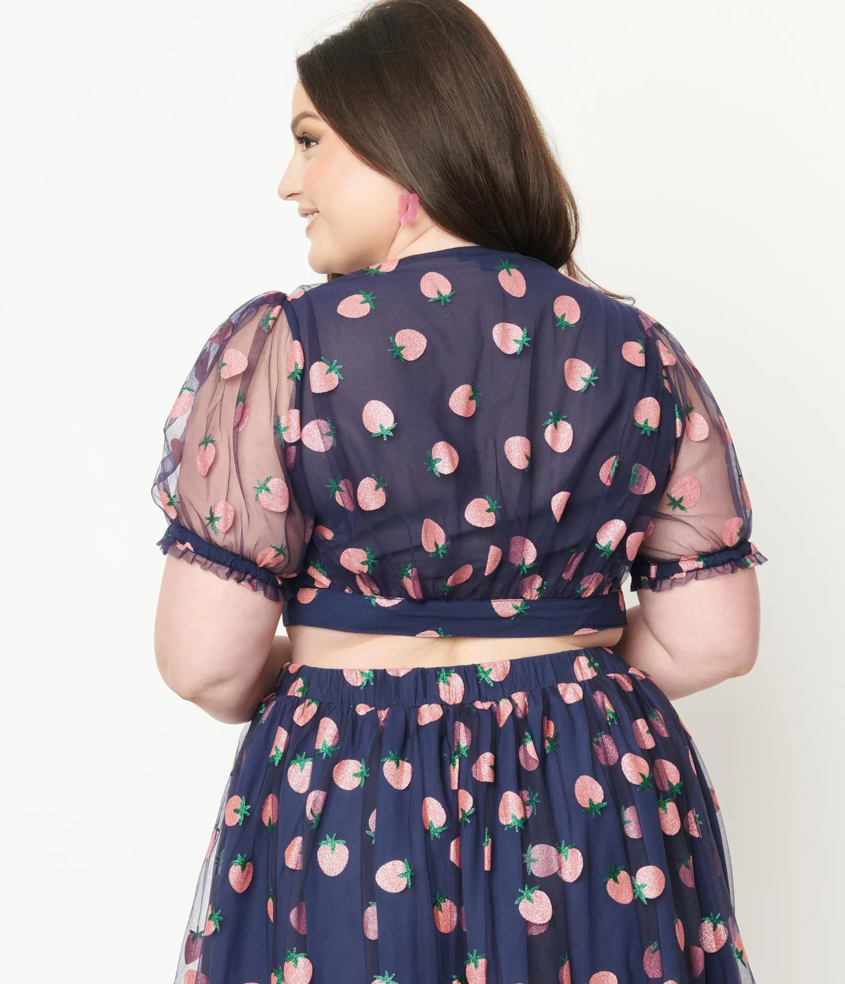 Unique Vintage Smak Parlour Plus Size Navy & Pink Strawberry Roller Queen Crop Blouse Sale
