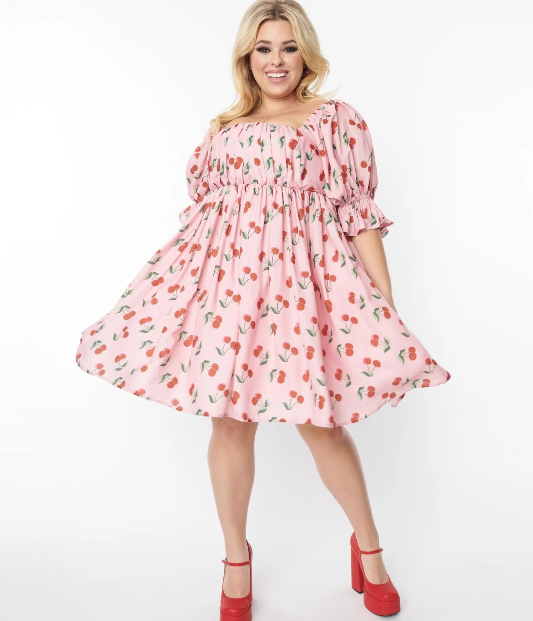 Unique Vintage Smak Parlour Plus Size Pink & Cherries Love Interest Babydoll Dress Best