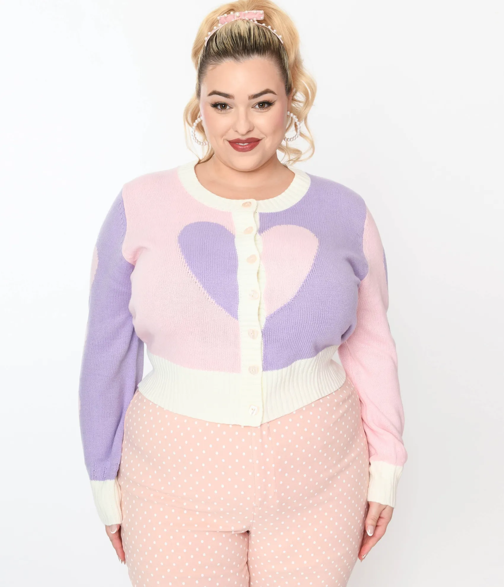 Unique Vintage Smak Parlour Plus Size Pink & Lavender Hearts Cardigan Hot
