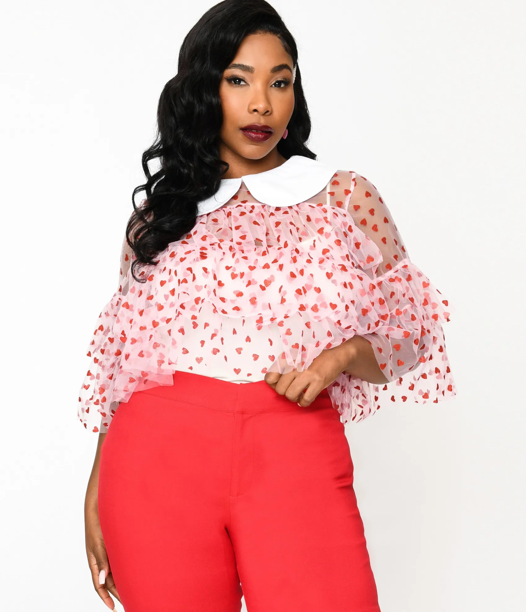 Unique Vintage Smak Parlour Plus Size Pink & Red Glitter Hearts Mesh Ruffle Top Shop