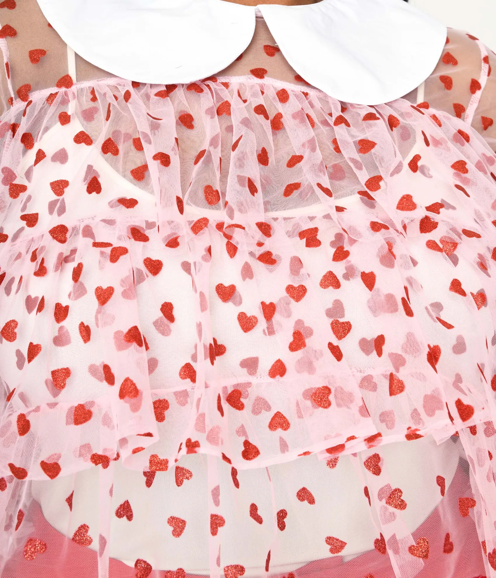Unique Vintage Smak Parlour Plus Size Pink & Red Glitter Hearts Mesh Ruffle Top Shop