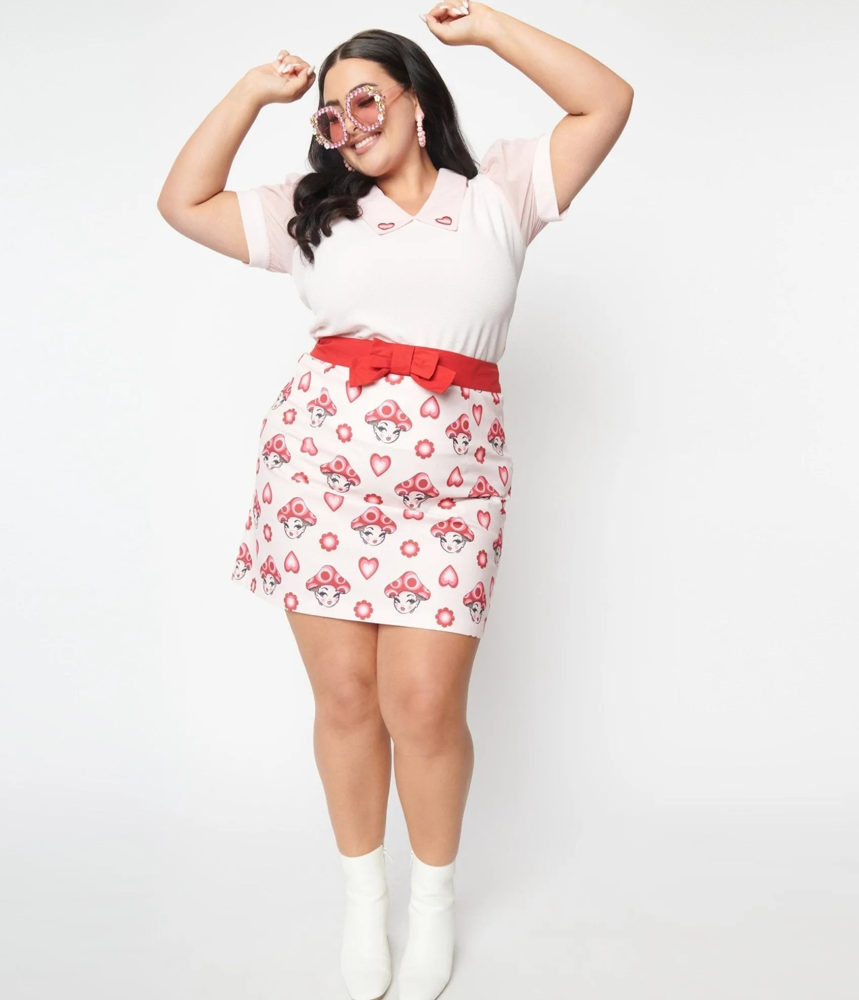 Unique Vintage Smak Parlour Plus Size Pink & Red Madam Mushroom Mod Skirt Online