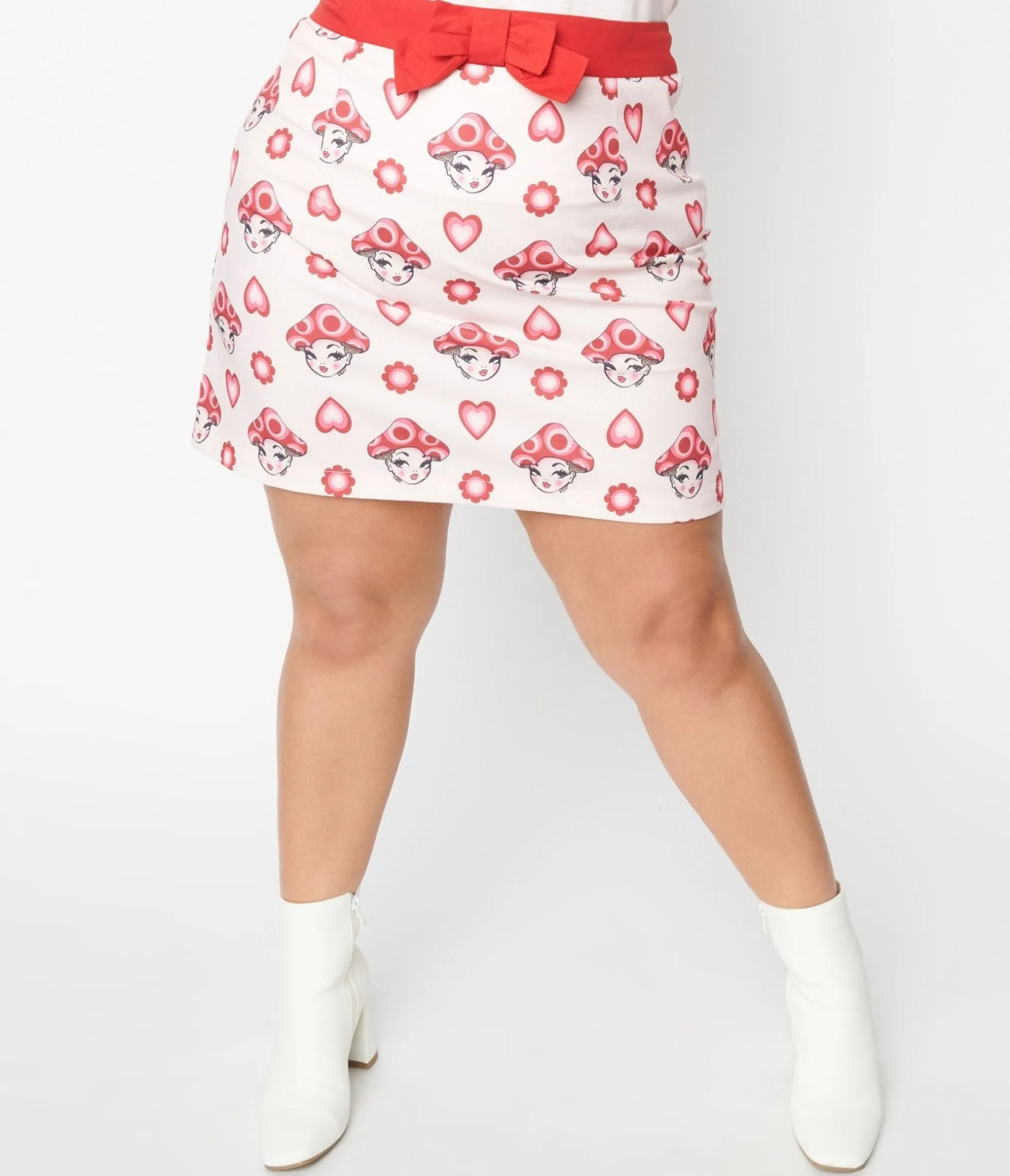 Unique Vintage Smak Parlour Plus Size Pink & Red Madam Mushroom Mod Skirt Online