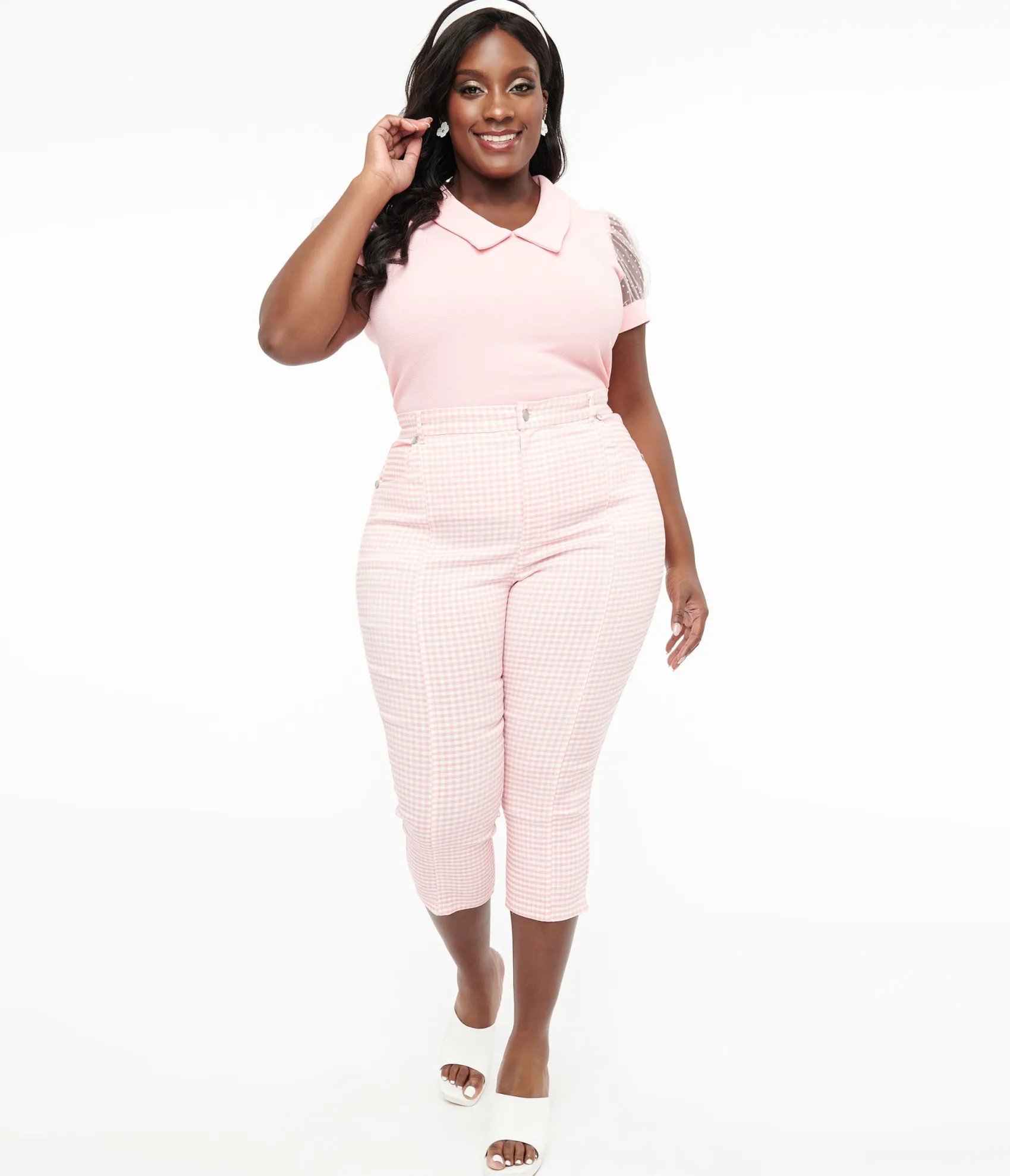 Unique Vintage Smak Parlour Plus Size Pink & White Gingham Capri Pants Hot