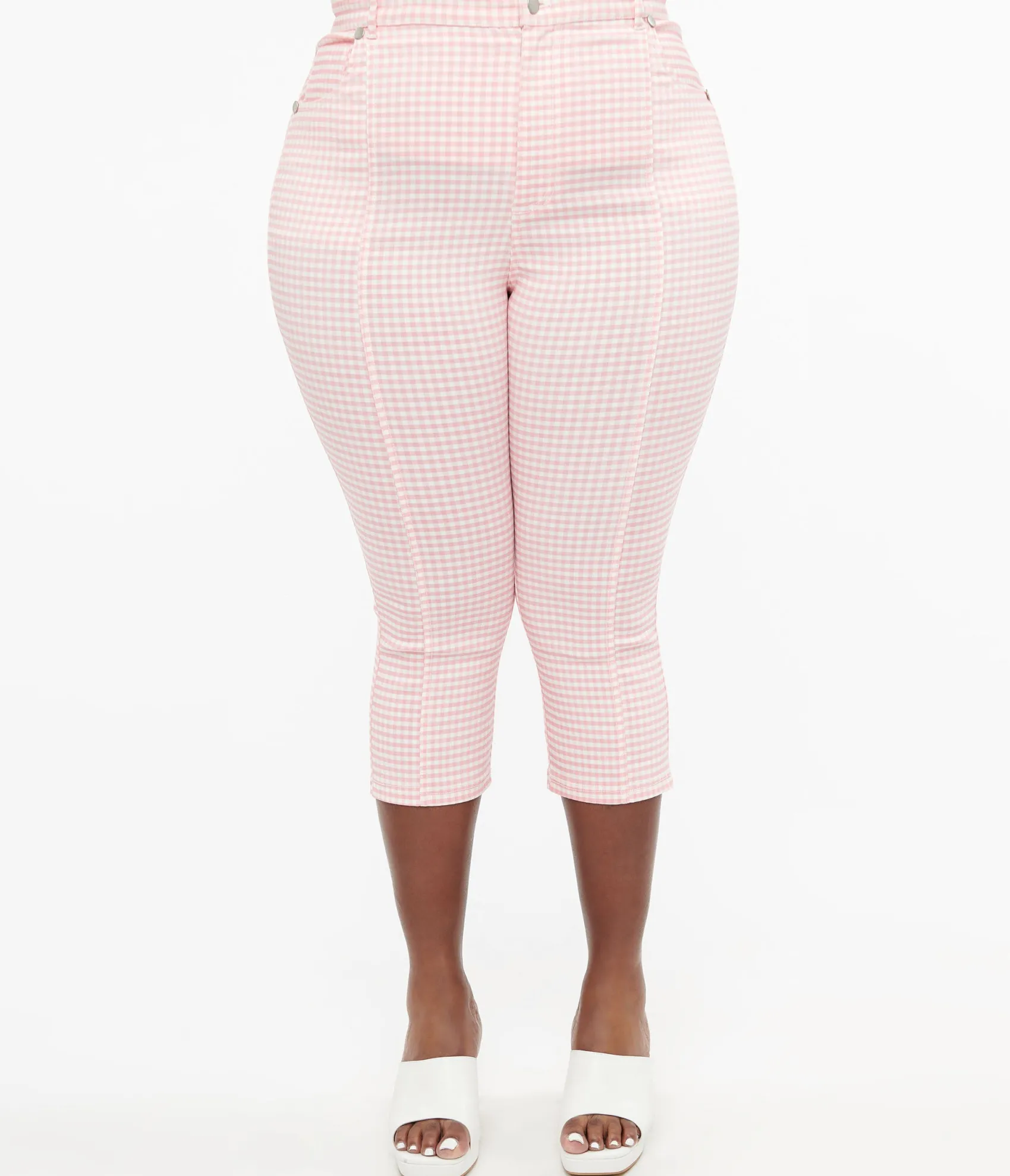 Unique Vintage Smak Parlour Plus Size Pink & White Gingham Capri Pants Hot