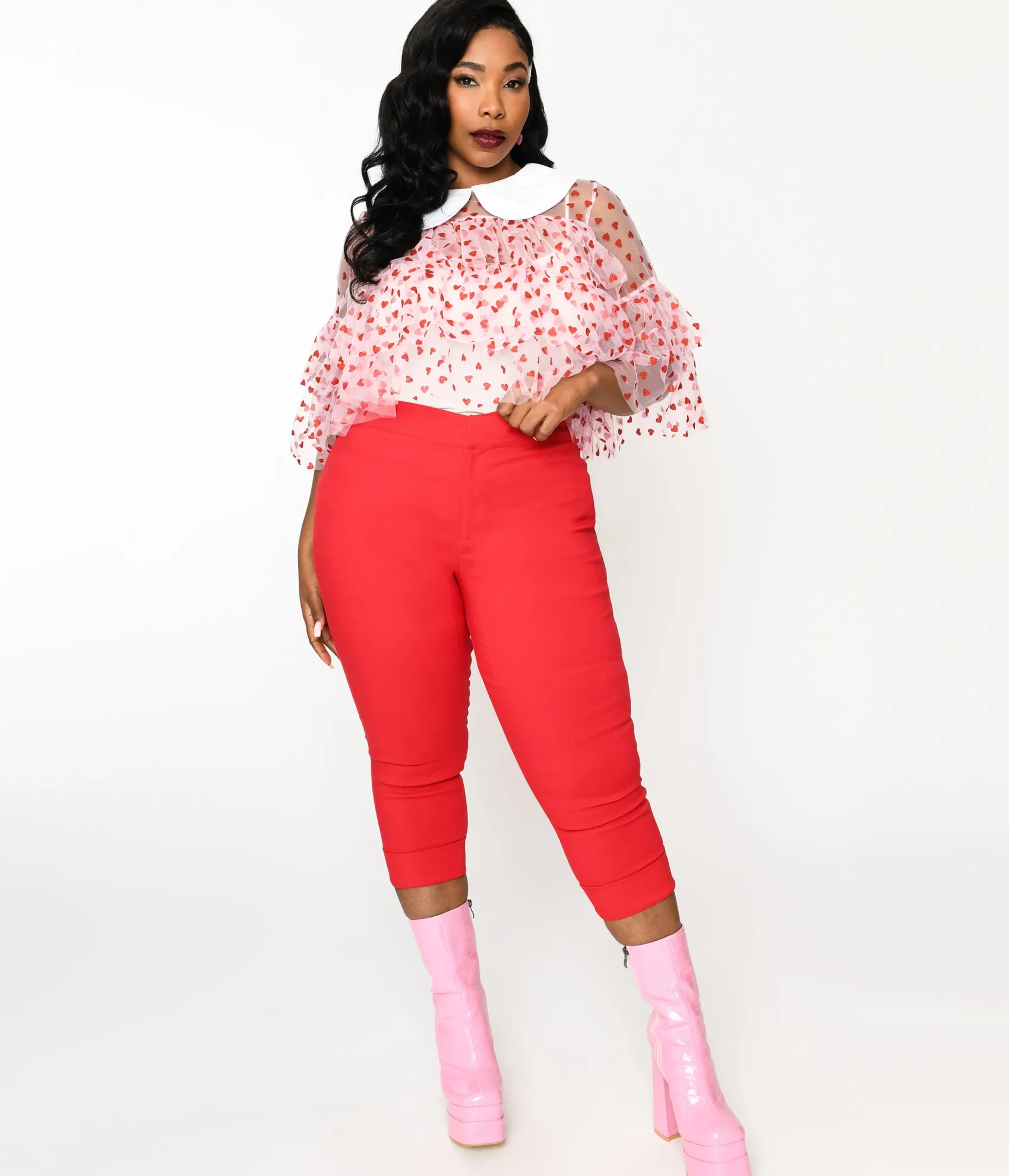 Unique Vintage Smak Parlour Plus Size Red & Polka Dot Heart Pocket Smarty Pants Capri Flash Sale