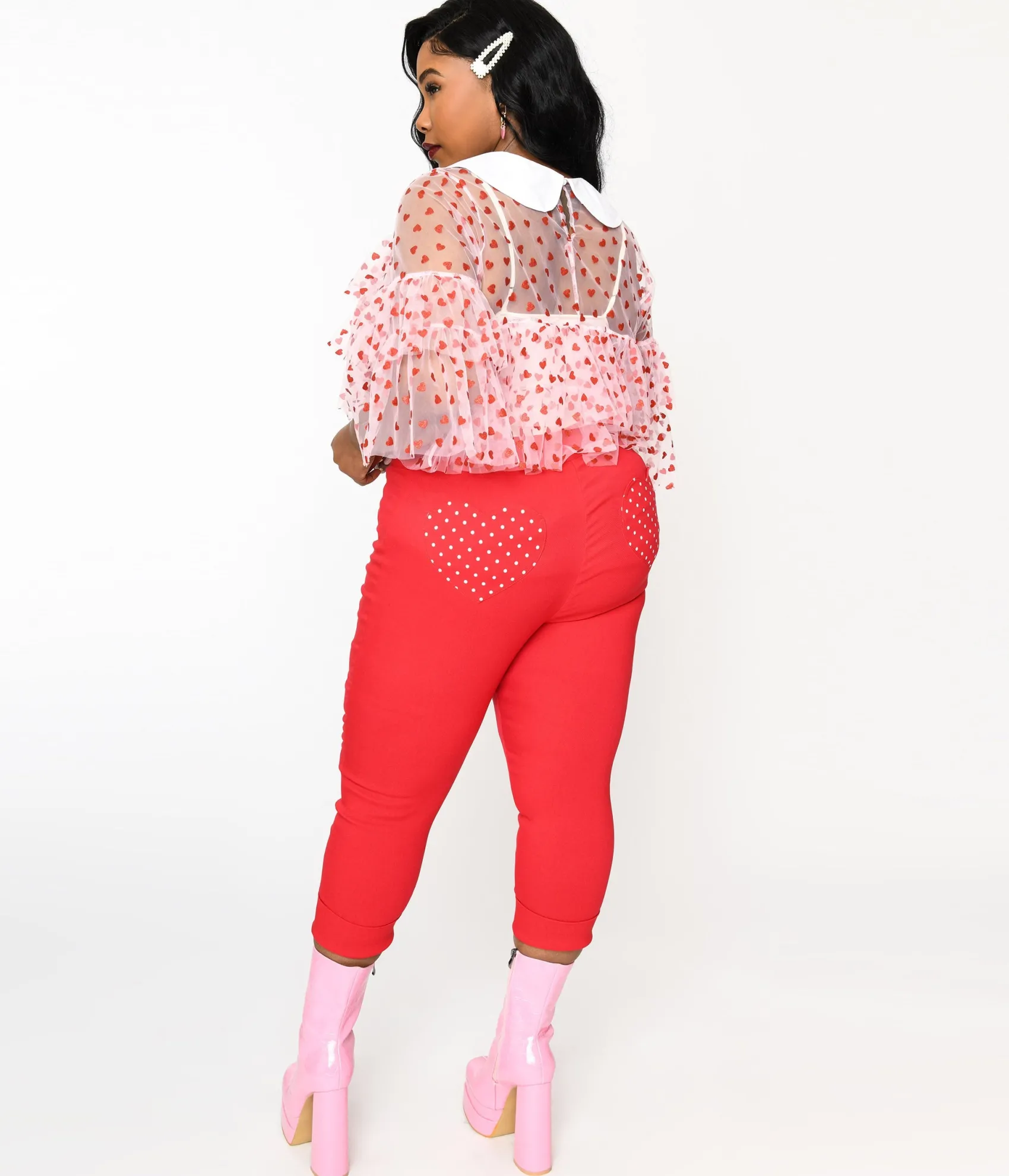 Unique Vintage Smak Parlour Plus Size Red & Polka Dot Heart Pocket Smarty Pants Capri Flash Sale