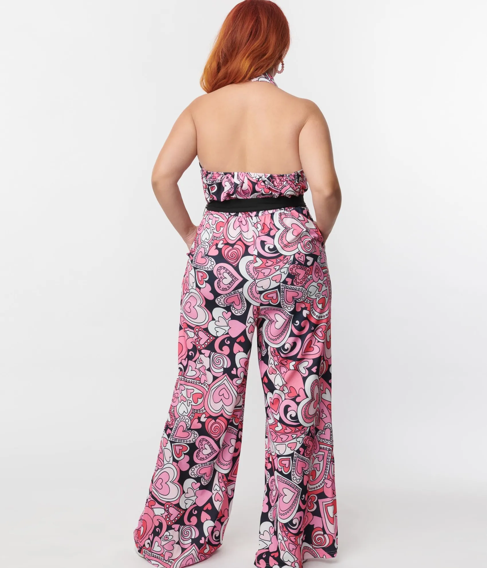Unique Vintage Smak Parlour Plus Size 1970s Black & Pink Psychedelic Hearts Draped Darling Jumpsuit Shop