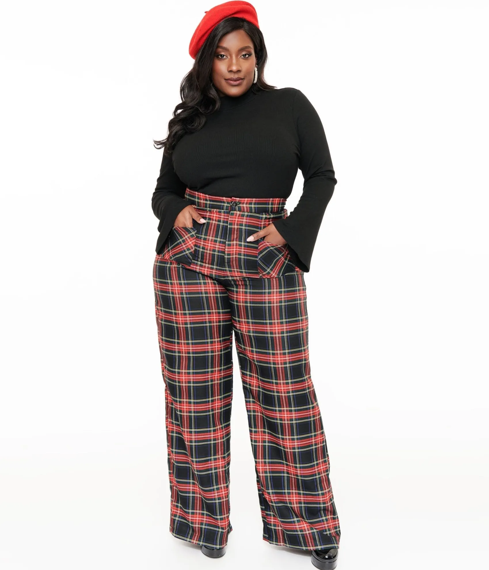 Unique Vintage Smak Parlour Plus Size 1960s Black & Red Plaid Wide Leg Trousers Sale