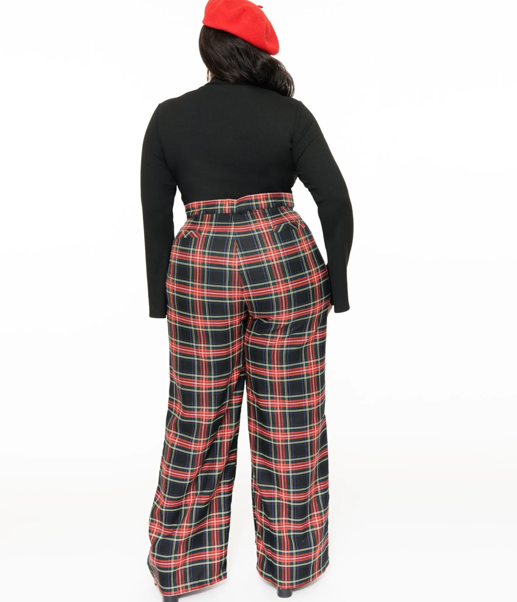 Unique Vintage Smak Parlour Plus Size 1960s Black & Red Plaid Wide Leg Trousers Sale