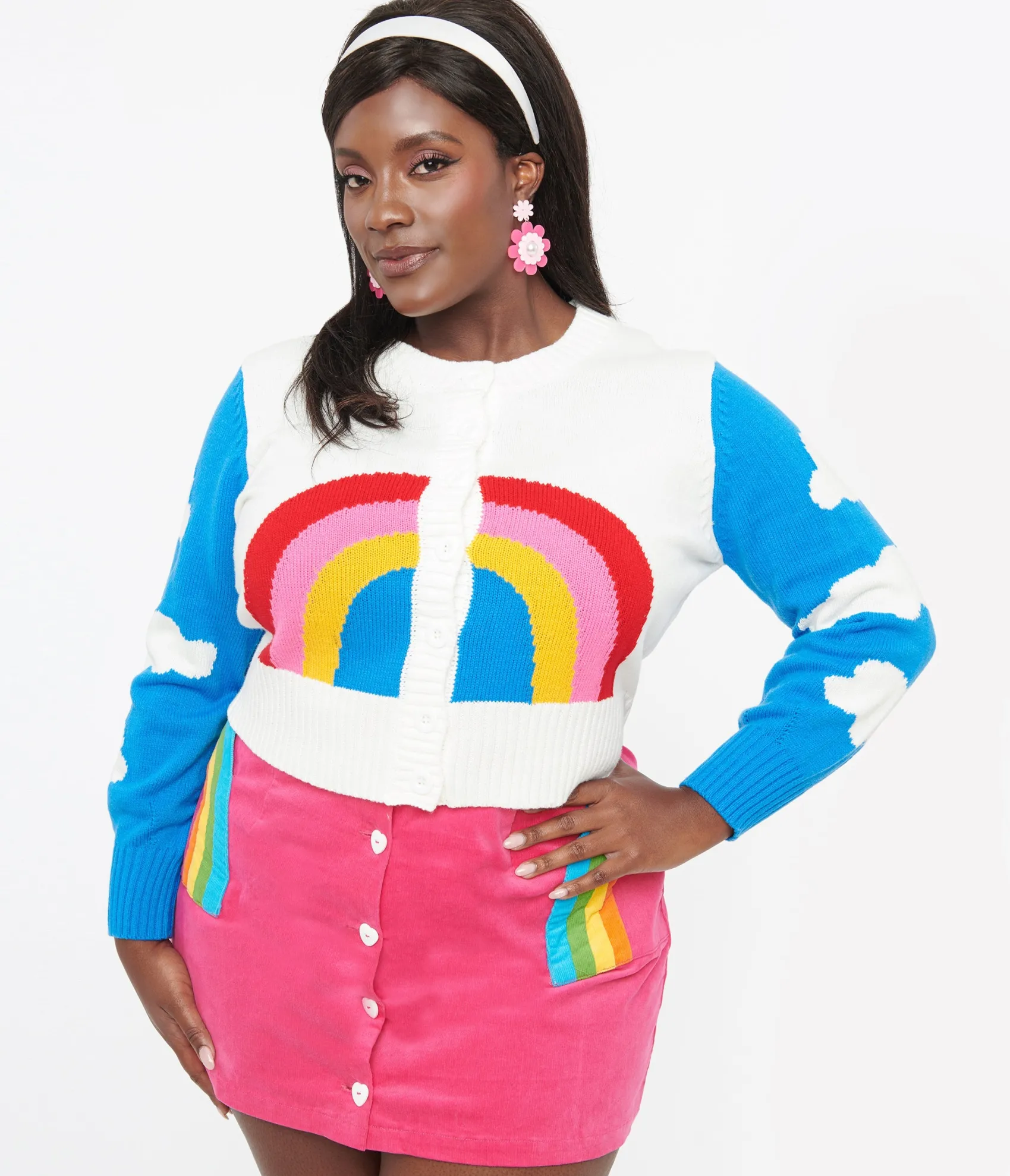 Unique Vintage Smak Parlour Plus Size 1960s Blue & Rainbow Clouds Cardigan Sale