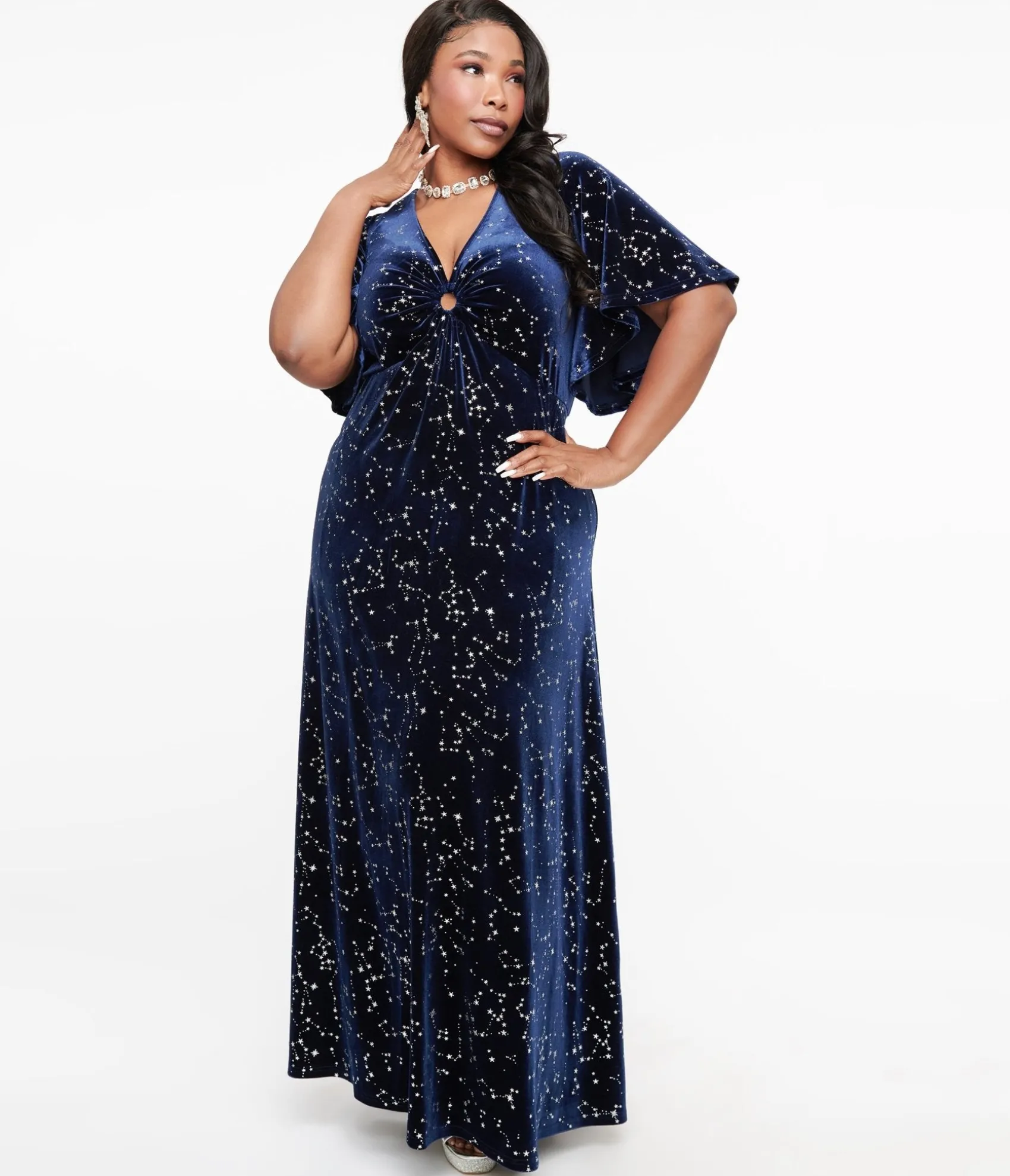 Unique Vintage Smak Parlour Plus Size 1970s Blue Velvet Silver Stars Cutout Maxi Dress Sale