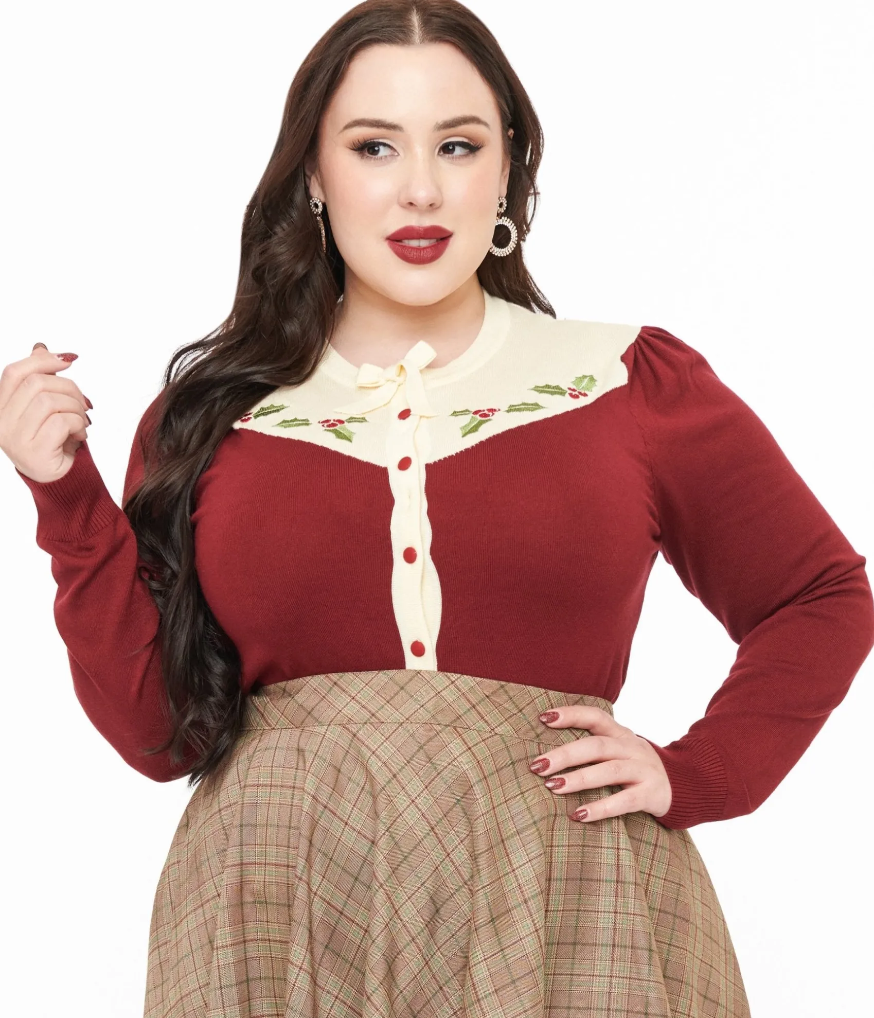 Unique Vintage Smak Parlour Plus Size 1960s Burgundy & Ivory Mistletoe Cardigan Shop