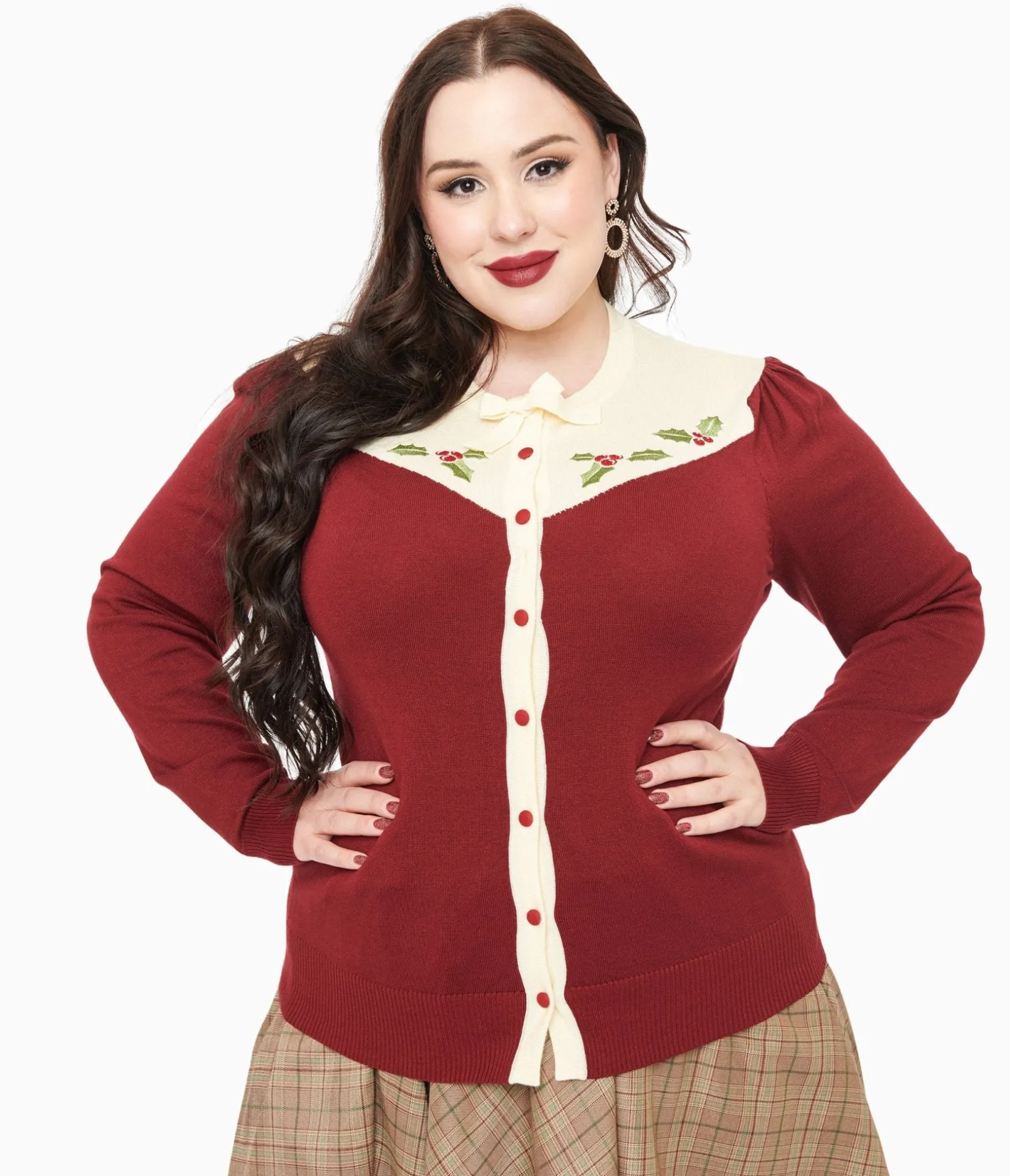 Unique Vintage Smak Parlour Plus Size 1960s Burgundy & Ivory Mistletoe Cardigan Shop