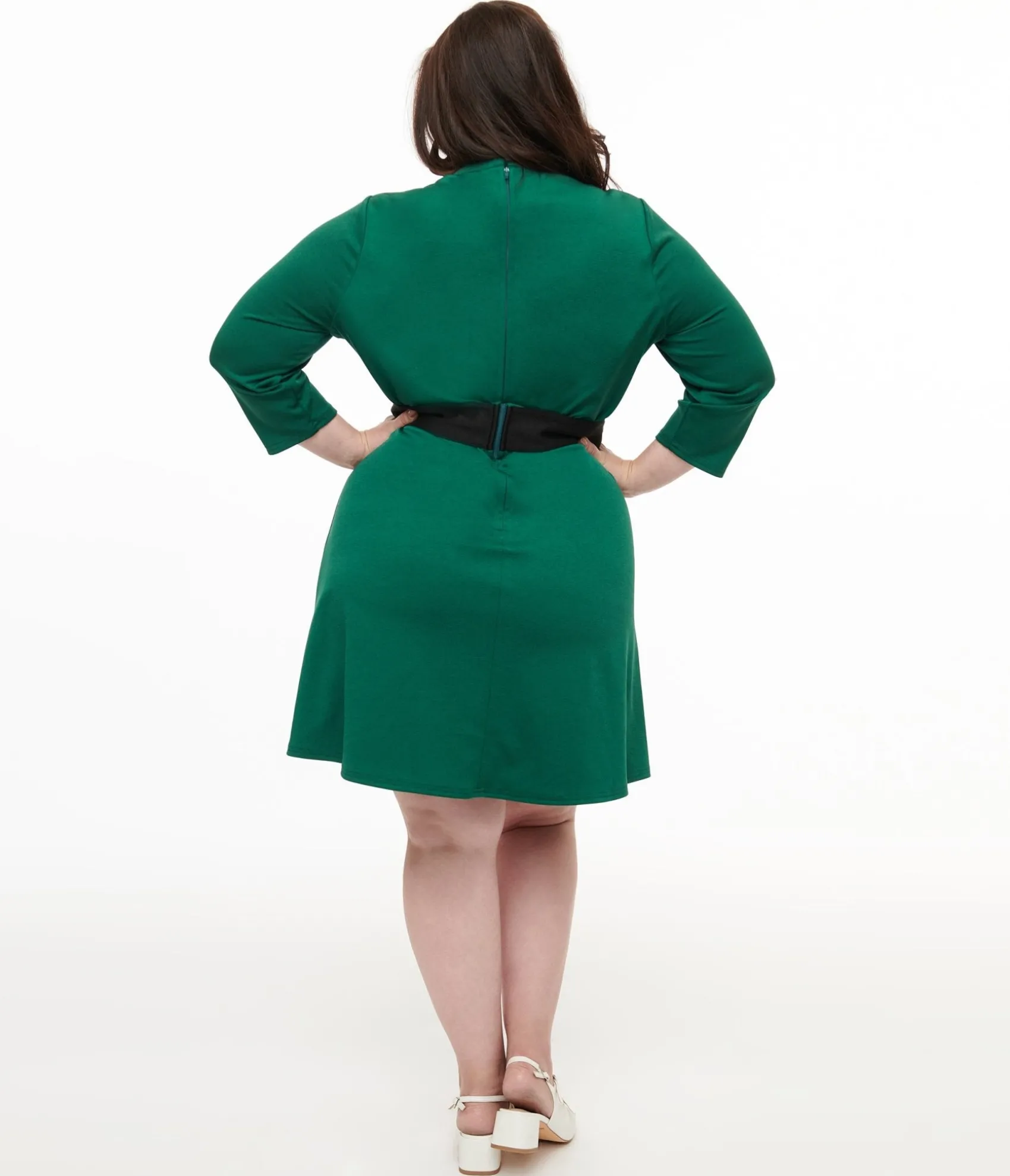Unique Vintage Smak Parlour Plus Size 1960s Emerald & Black Belted A-Line Dress Sale